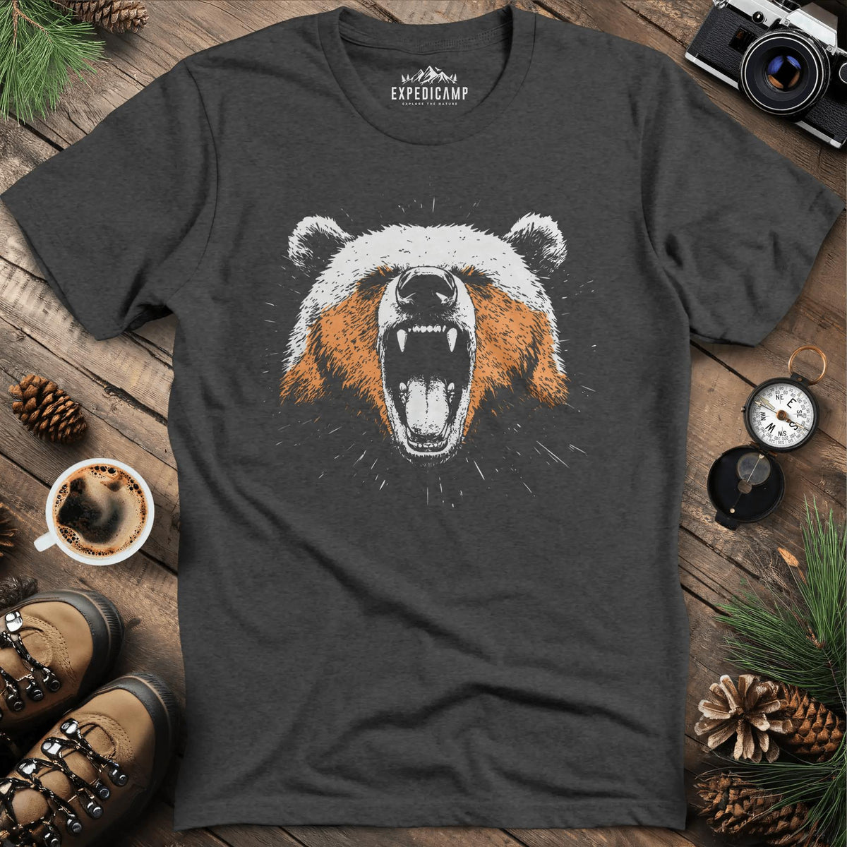 Roaring Bear T-Shirt – Fierce Wilderness Spirit – Dark Heather – Outdoor apparel for travel, hiking, camping, and nature lovers – ExpediCamp
