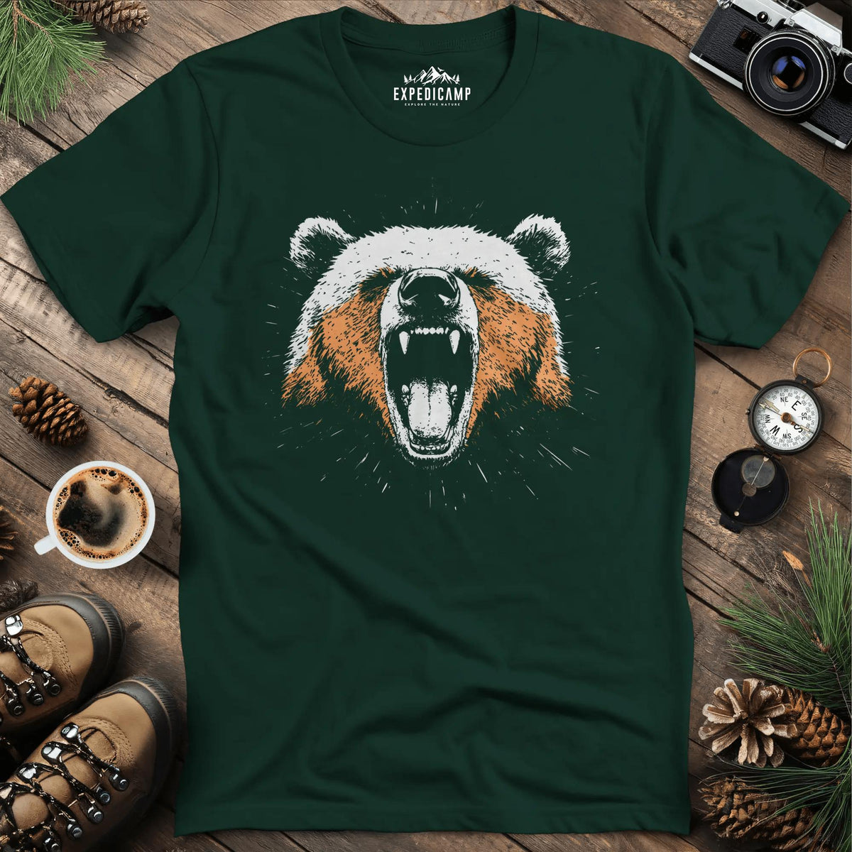 Roaring Bear T-Shirt – Fierce Wilderness Spirit – Forest Green – Outdoor apparel for travel, hiking, camping, and nature lovers – ExpediCamp