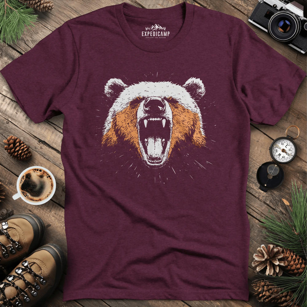 Roaring Bear T-Shirt – Fierce Wilderness Spirit – Heather Maroon – Outdoor apparel for travel, hiking, camping, and nature lovers – ExpediCamp
