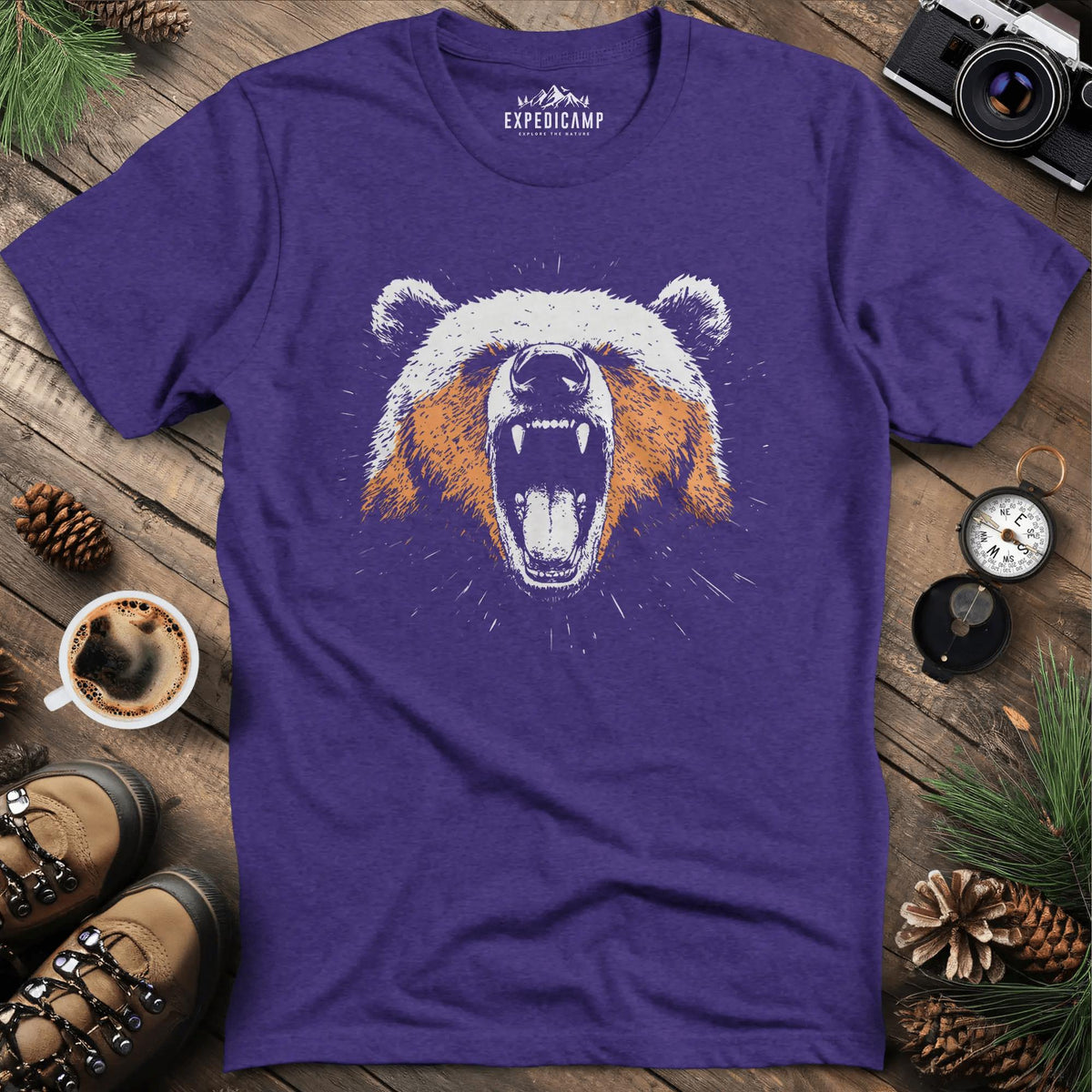 Roaring Bear T-Shirt – Fierce Wilderness Spirit – Heather Purple – Outdoor apparel for travel, hiking, camping, and nature lovers – ExpediCamp