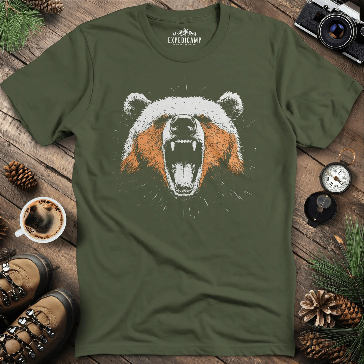 Roaring Bear T-Shirt – Fierce Wilderness Spirit – Military Green – Outdoor apparel for travel, hiking, camping, and nature lovers – ExpediCamp