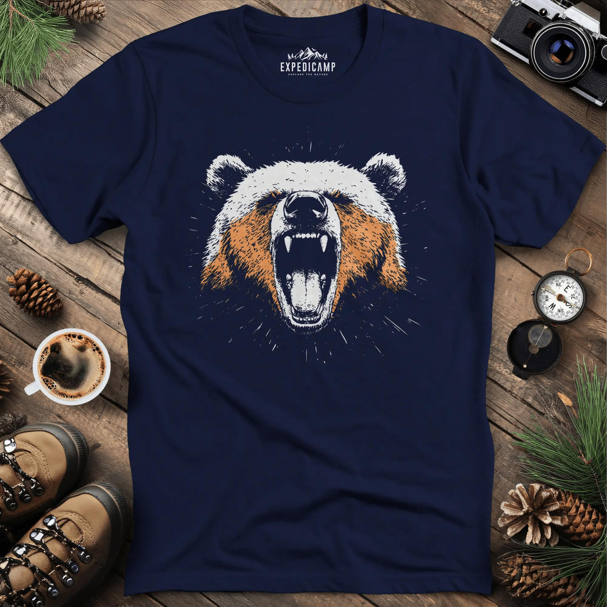 Roaring Bear T-Shirt – Fierce Wilderness Spirit – Navy – Outdoor apparel for travel, hiking, camping, and nature lovers – ExpediCamp