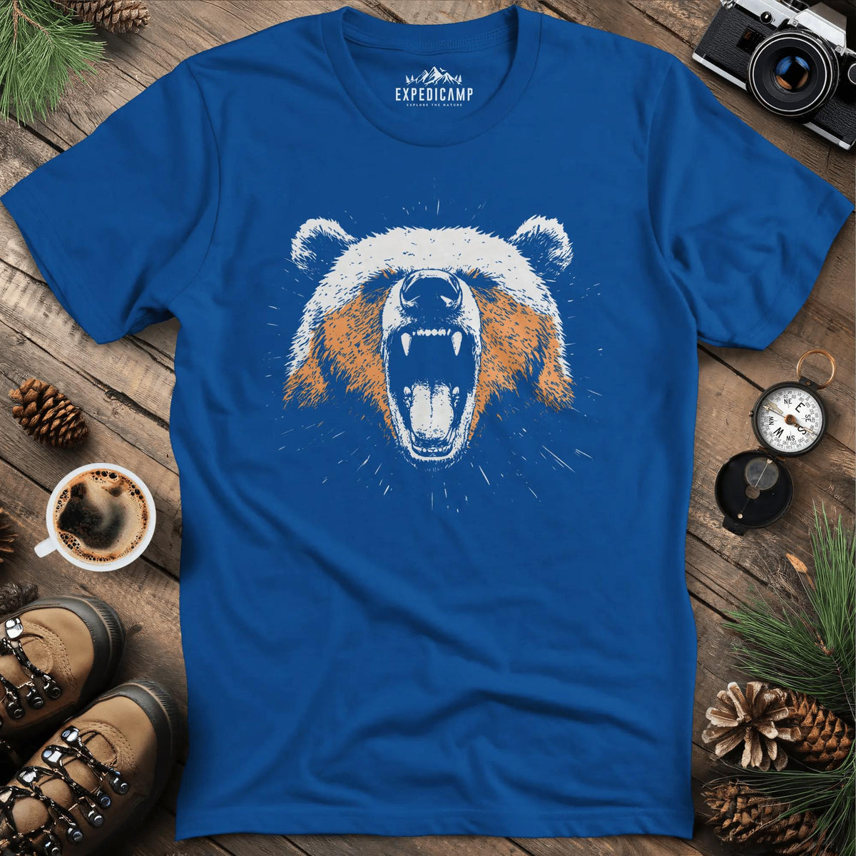 Roaring Bear T-Shirt – Fierce Wilderness Spirit – Royal – Outdoor apparel for travel, hiking, camping, and nature lovers – ExpediCamp