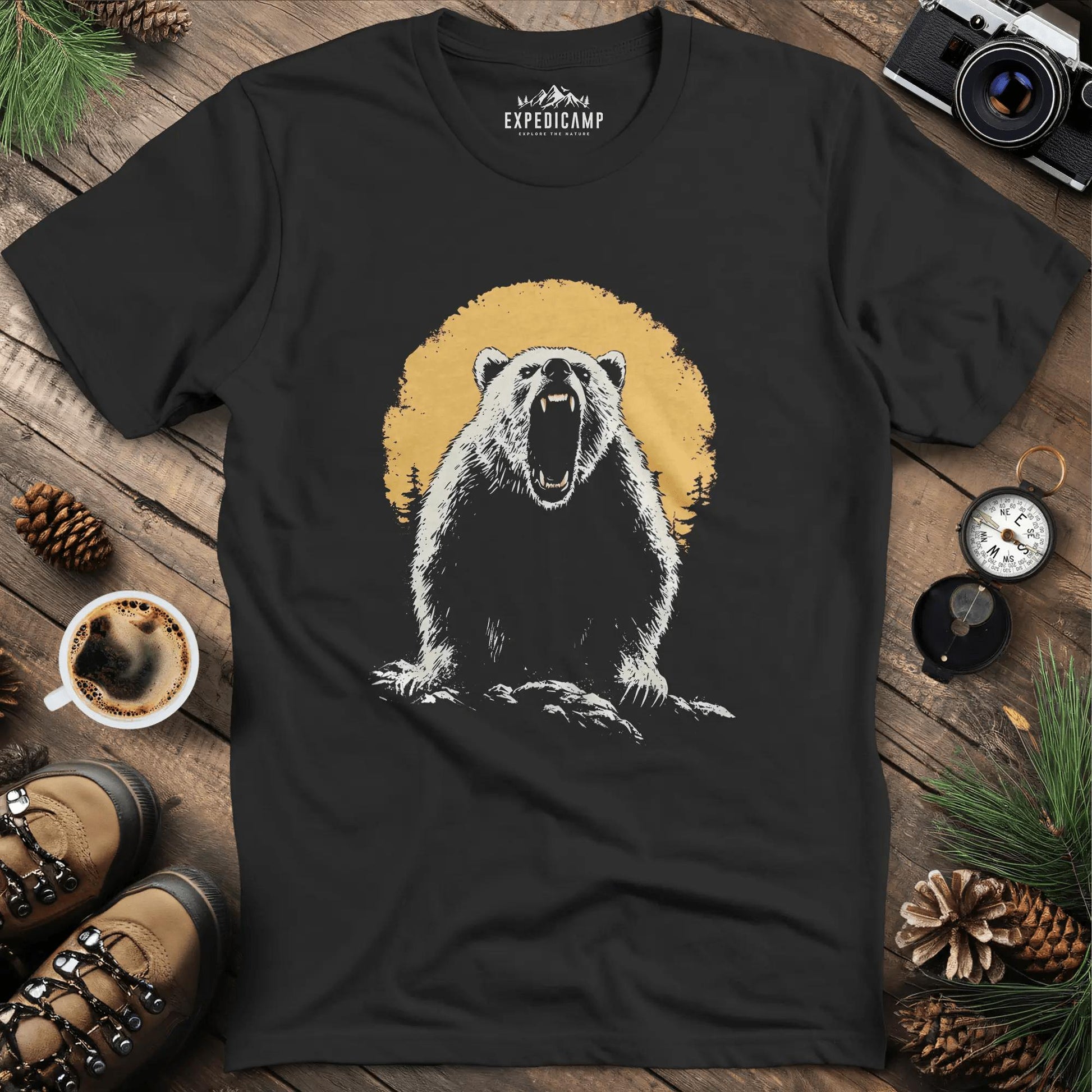 Roaring Grizzly Bear T-Shirt – Fierce Wilderness Beast Design – Black – Outdoor apparel for travel, hiking, camping, and nature lovers – ExpediCamp