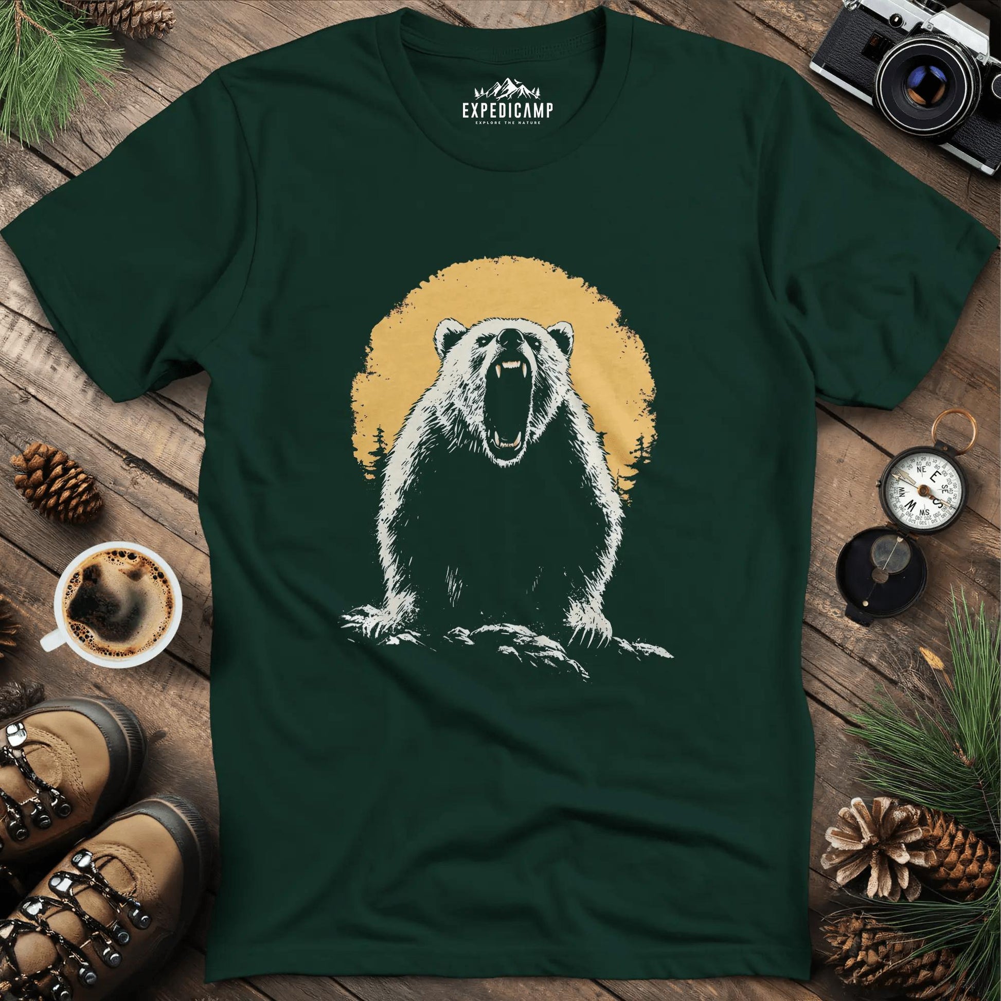 Roaring Grizzly Bear T-Shirt – Fierce Wilderness Beast Design – Forest Green – Outdoor apparel for travel, hiking, camping, and nature lovers – ExpediCamp