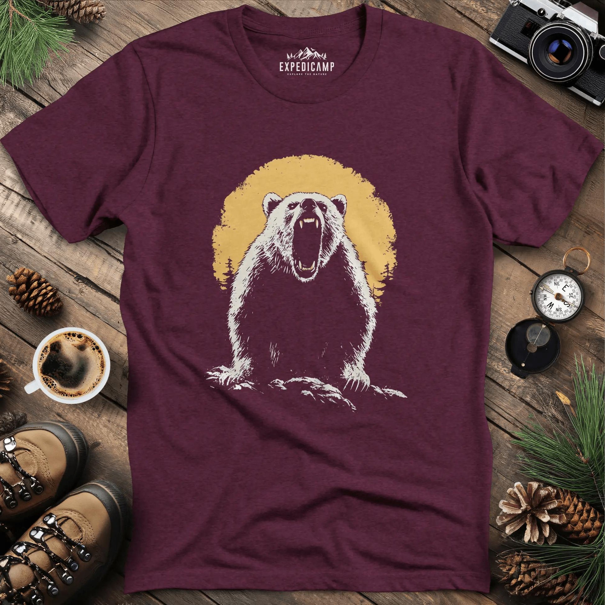 Roaring Grizzly Bear T-Shirt – Fierce Wilderness Beast Design – Heather Maroon – Outdoor apparel for travel, hiking, camping, and nature lovers – ExpediCamp
