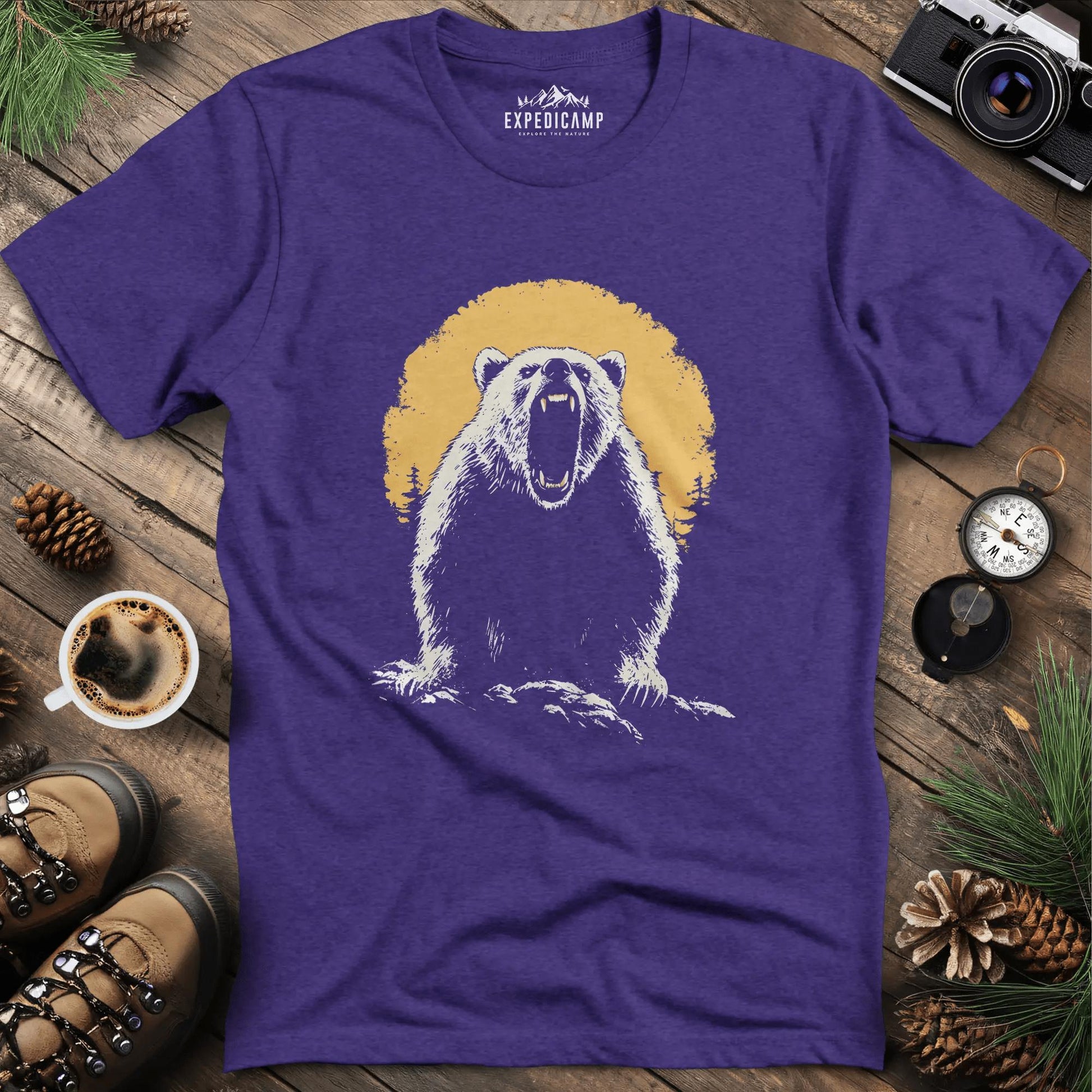 Roaring Grizzly Bear T-Shirt – Fierce Wilderness Beast Design – Heather Purple – Outdoor apparel for travel, hiking, camping, and nature lovers – ExpediCamp