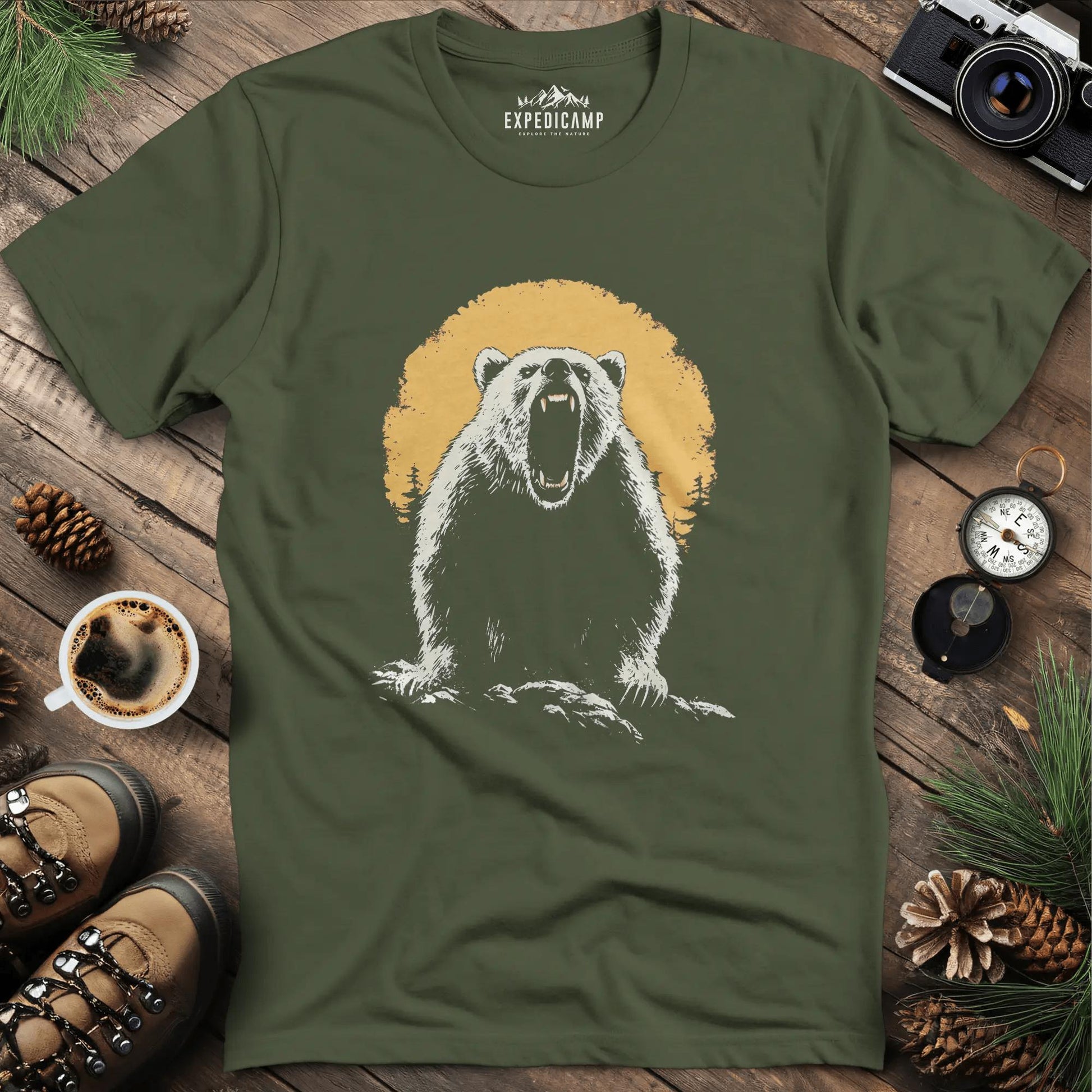 Roaring Grizzly Bear T-Shirt – Fierce Wilderness Beast Design – Military Green – Outdoor apparel for travel, hiking, camping, and nature lovers – ExpediCamp