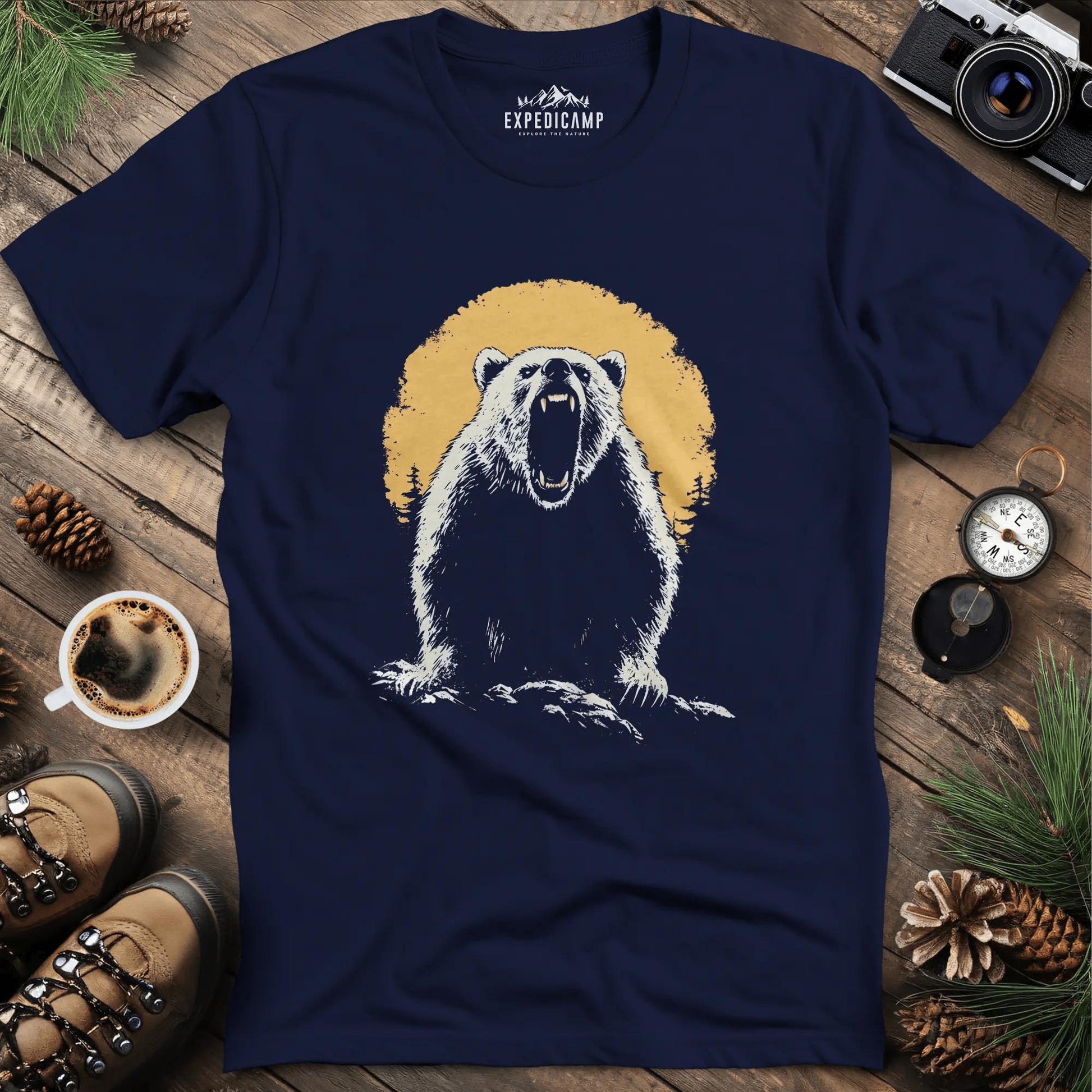 Roaring Grizzly Bear T-Shirt – Fierce Wilderness Beast Design – Navy – Outdoor apparel for travel, hiking, camping, and nature lovers – ExpediCamp