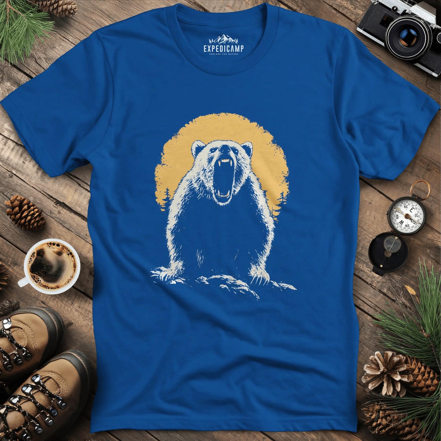 Roaring Grizzly Bear T-Shirt – Fierce Wilderness Beast Design – Royal – Outdoor apparel for travel, hiking, camping, and nature lovers – ExpediCamp