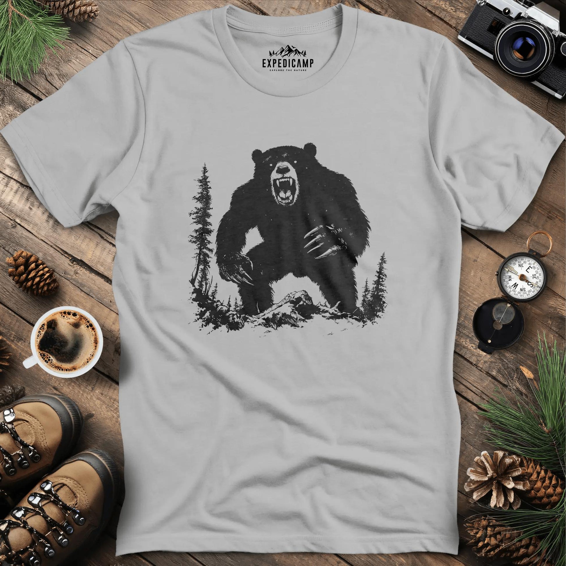 Roaring Grizzly Bear T-Shirt – Fierce Wilderness Predator Design – Ice Grey – Outdoor apparel for travel, hiking, camping, and nature lovers – ExpediCamp