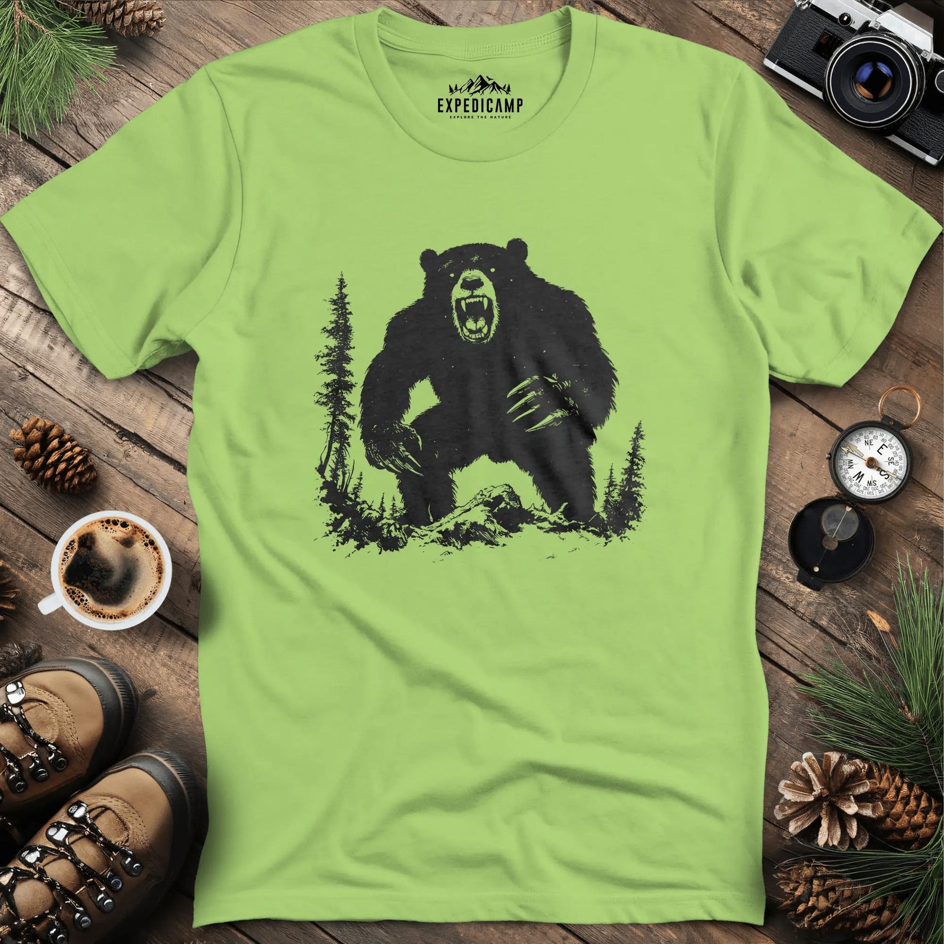 Roaring Grizzly Bear T-Shirt – Fierce Wilderness Predator Design – Kiwi – Outdoor apparel for travel, hiking, camping, and nature lovers – ExpediCamp