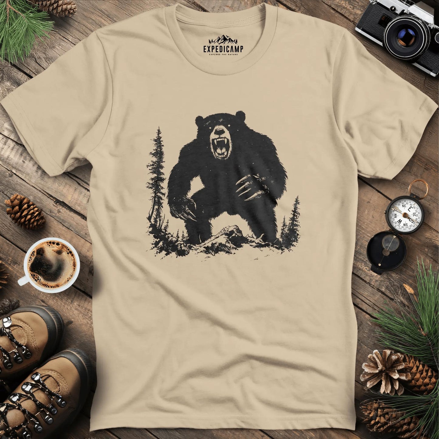 Roaring Grizzly Bear T-Shirt – Fierce Wilderness Predator Design – Sand – Outdoor apparel for travel, hiking, camping, and nature lovers – ExpediCamp