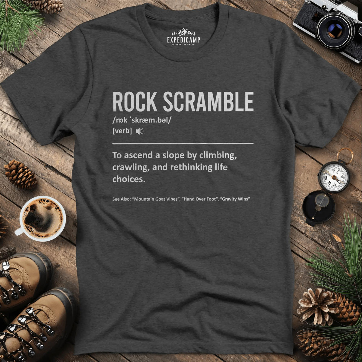 Rock Scramble Definition T-Shirt – Dark Heather – Outdoor apparel for travel, hiking, camping, and nature lovers – ExpediCamp