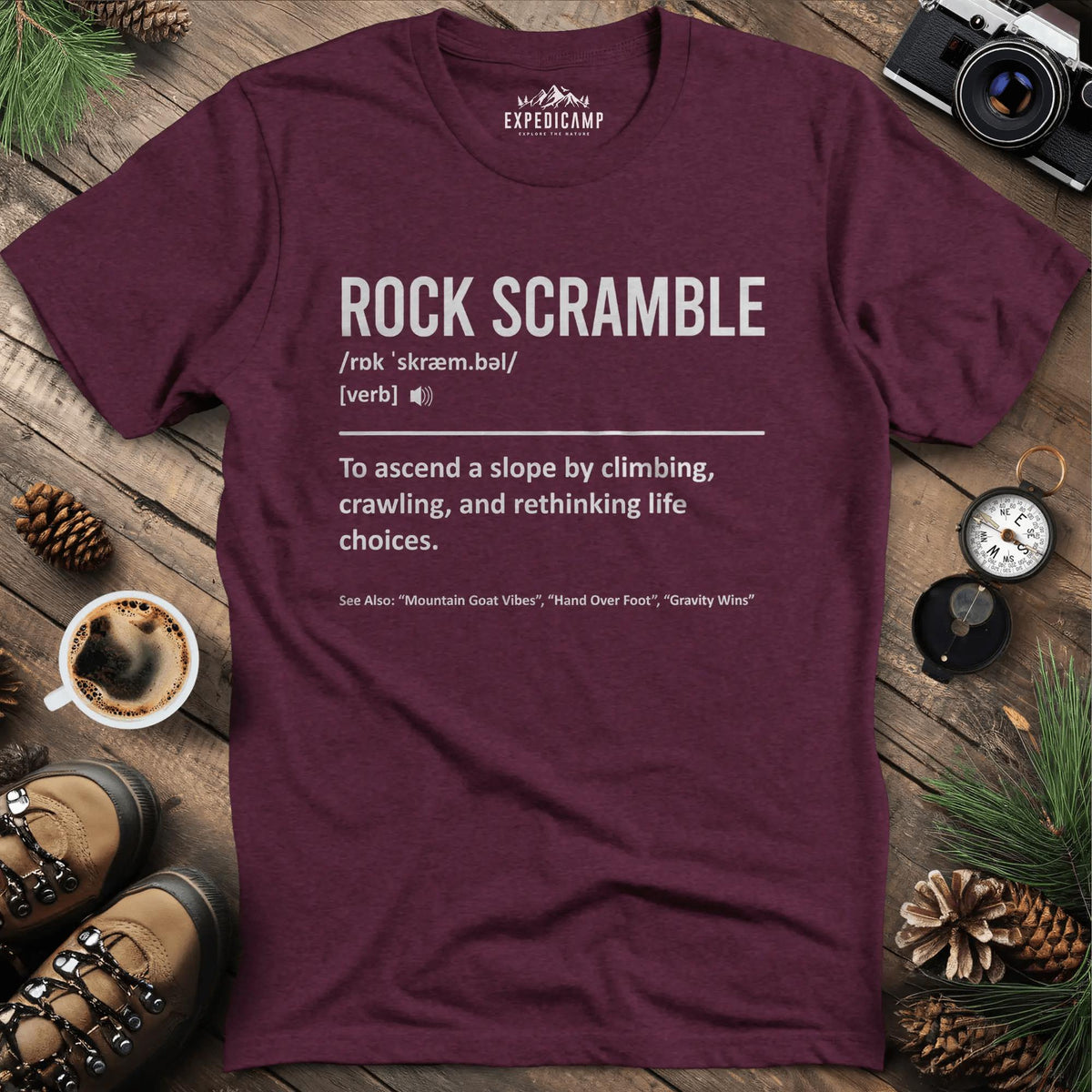 Rock Scramble Definition T-Shirt – Heather Maroon – Outdoor apparel for travel, hiking, camping, and nature lovers – ExpediCamp