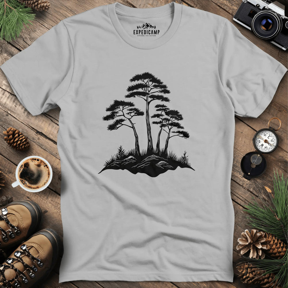 Rustic Pine Trees Illustration T-Shirt – Ice Grey – Outdoor apparel for travel, hiking, camping, and nature lovers – ExpediCamp