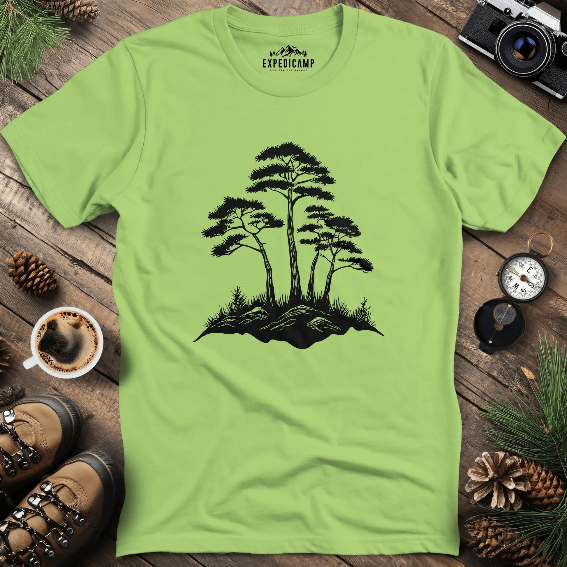 Rustic Pine Trees Illustration T-Shirt – Kiwi – Outdoor apparel for travel, hiking, camping, and nature lovers – ExpediCamp