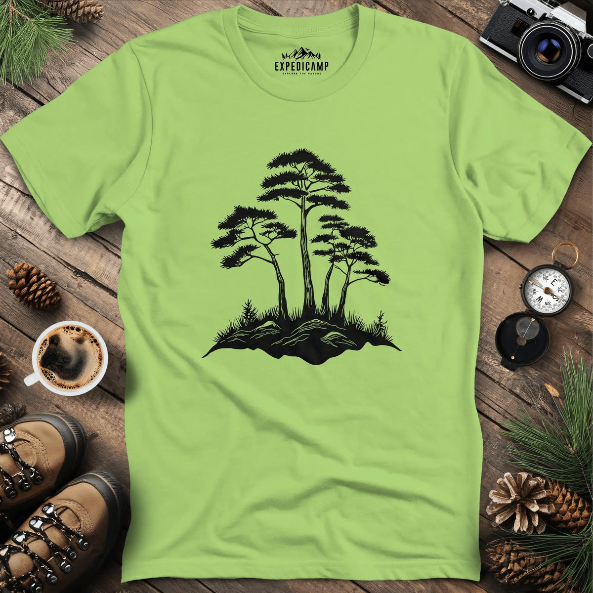 Rustic Pine Trees Illustration T-Shirt – Kiwi – Outdoor apparel for travel, hiking, camping, and nature lovers – ExpediCamp