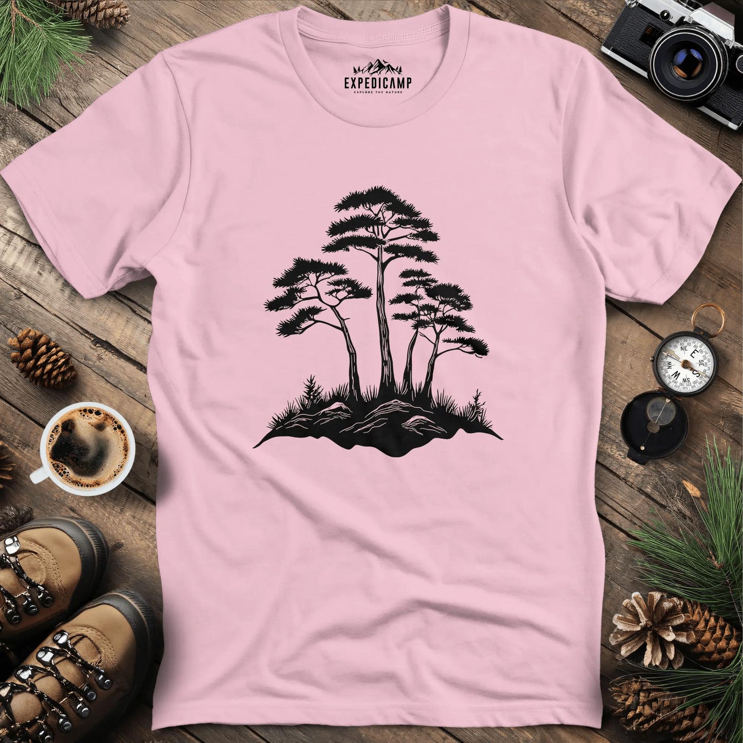 Rustic Pine Trees Illustration T-Shirt – Light Pink – Outdoor apparel for travel, hiking, camping, and nature lovers – ExpediCamp