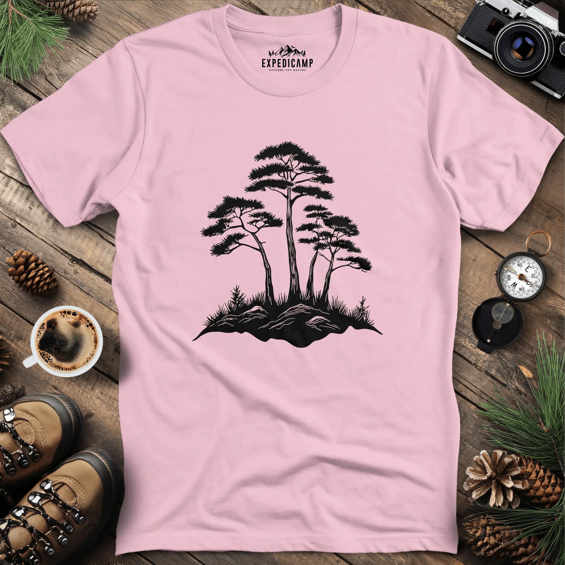 Rustic Pine Trees Illustration T-Shirt – Light Pink – Outdoor apparel for travel, hiking, camping, and nature lovers – ExpediCamp