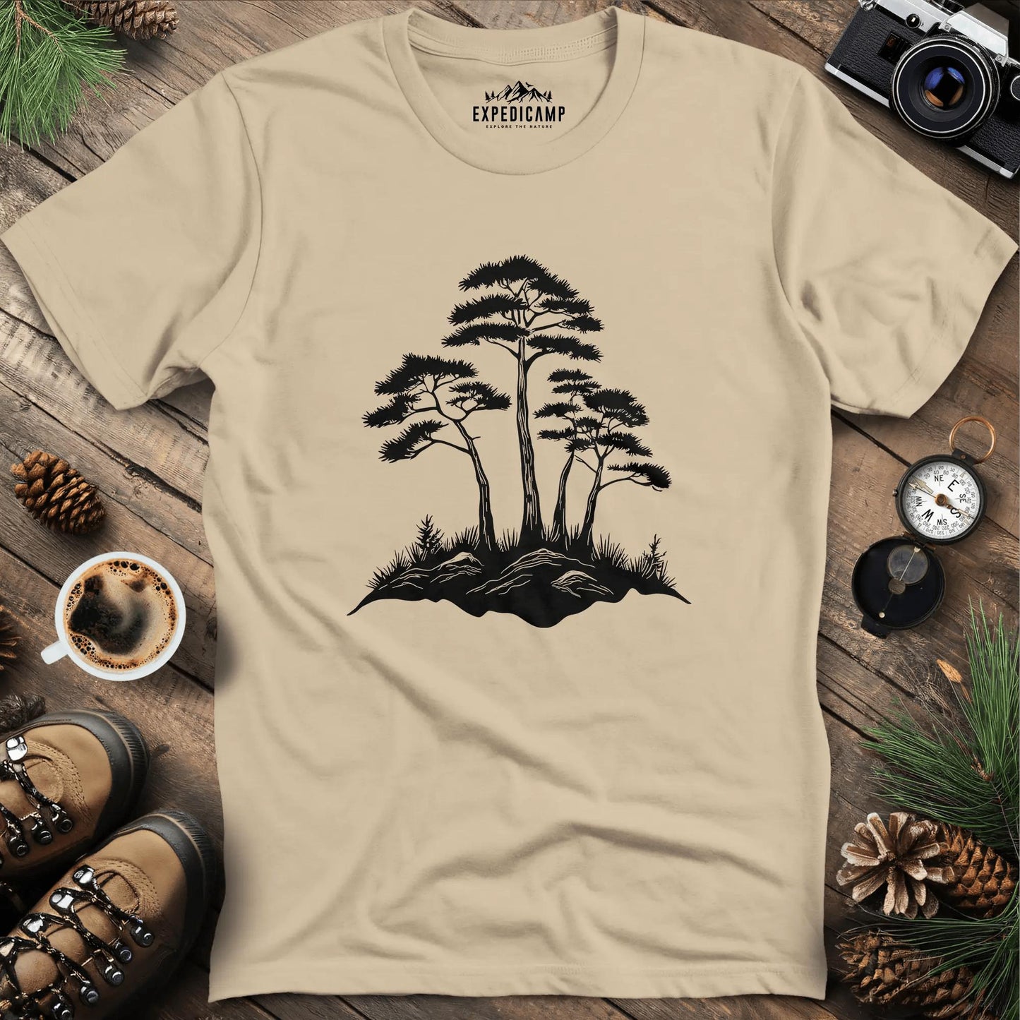 Rustic Pine Trees Illustration T-Shirt – Sand – Outdoor apparel for travel, hiking, camping, and nature lovers – ExpediCamp