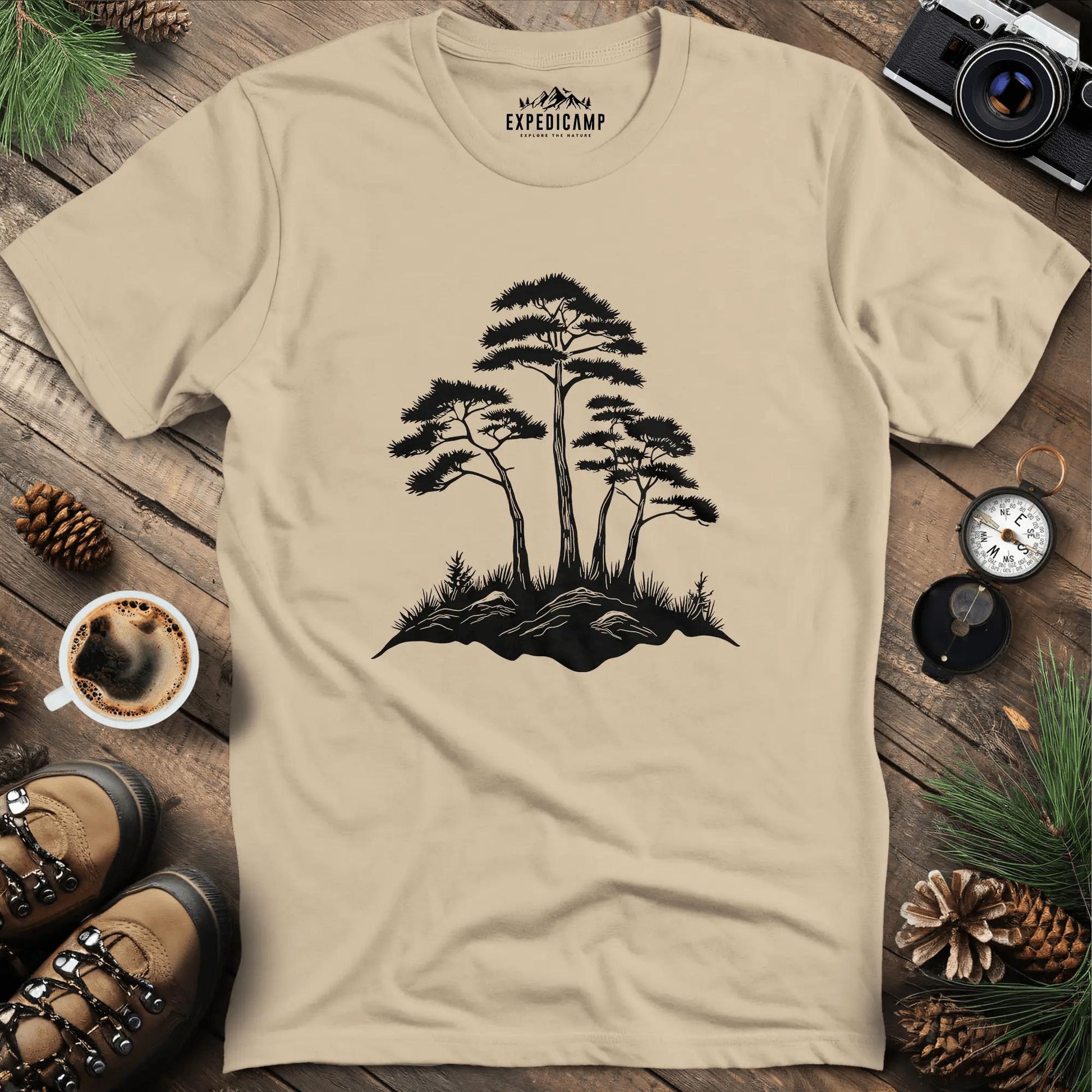 Rustic Pine Trees Illustration T-Shirt – Sand – Outdoor apparel for travel, hiking, camping, and nature lovers – ExpediCamp