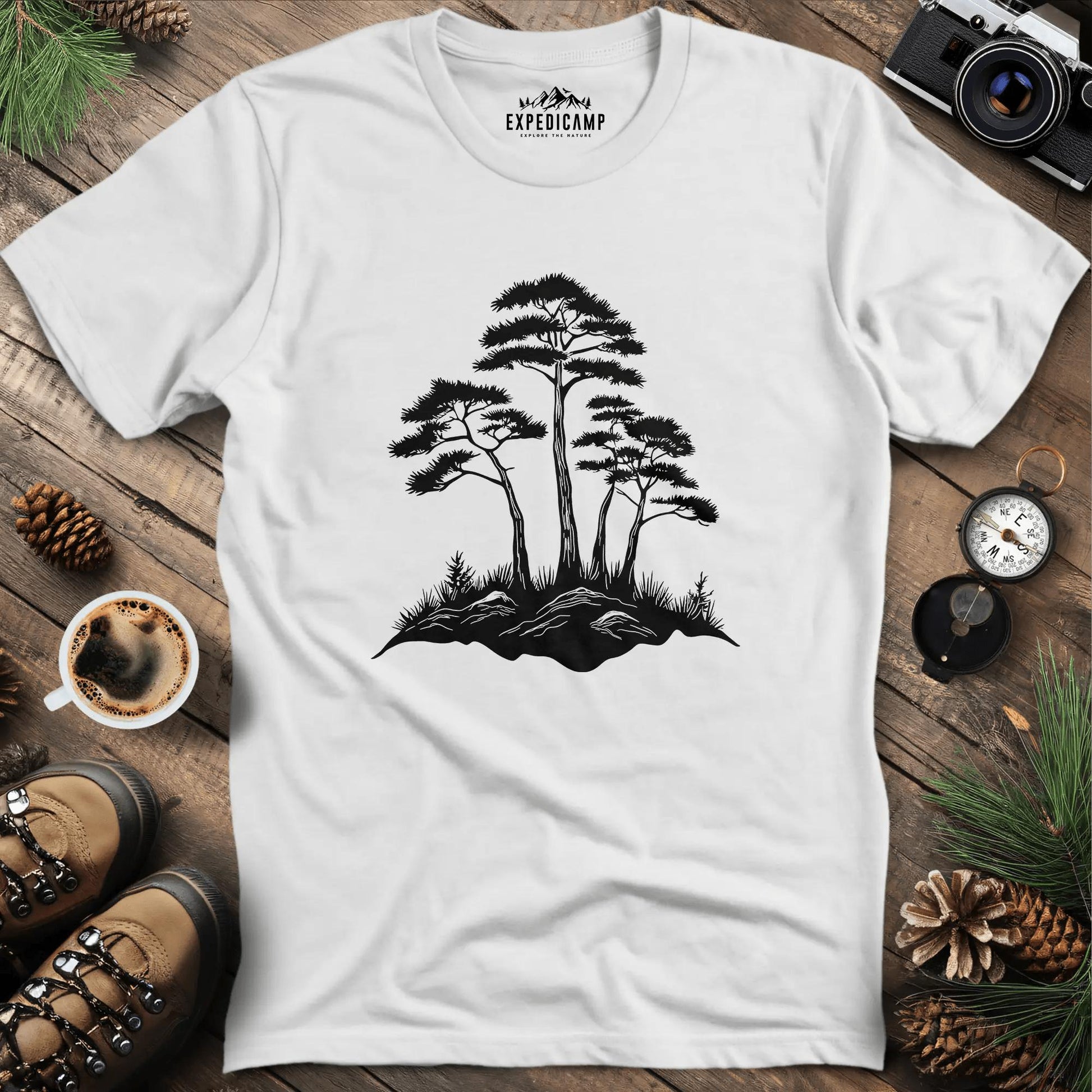 Rustic Pine Trees Illustration T-Shirt – White – Outdoor apparel for travel, hiking, camping, and nature lovers – ExpediCamp