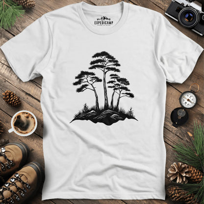 Rustic Pine Trees Illustration T-Shirt – White – Outdoor apparel for travel, hiking, camping, and nature lovers – ExpediCamp