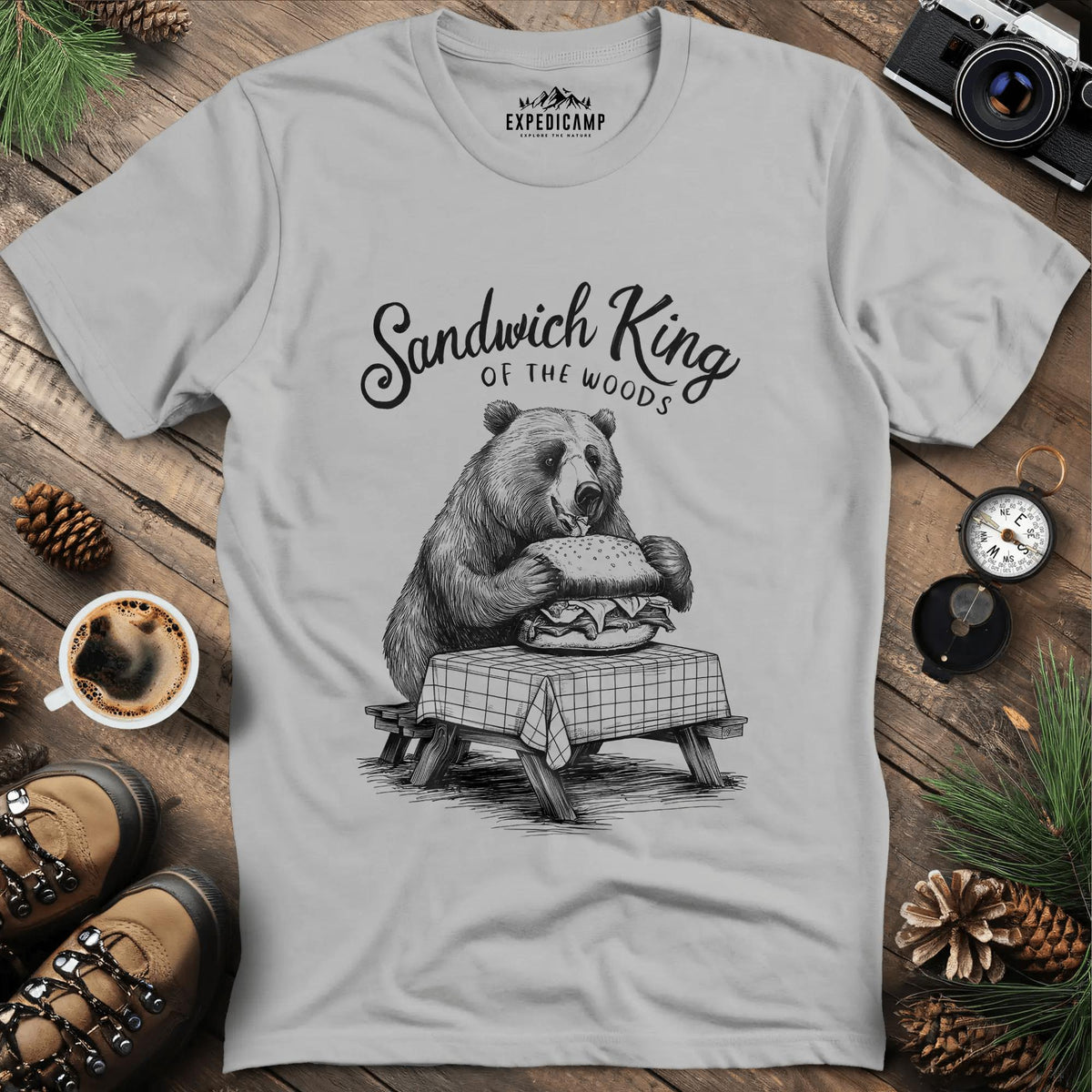 Sandwich King of the Woods T-Shirt – Ice Grey – Outdoor apparel for travel, hiking, camping, and nature lovers – ExpediCamp