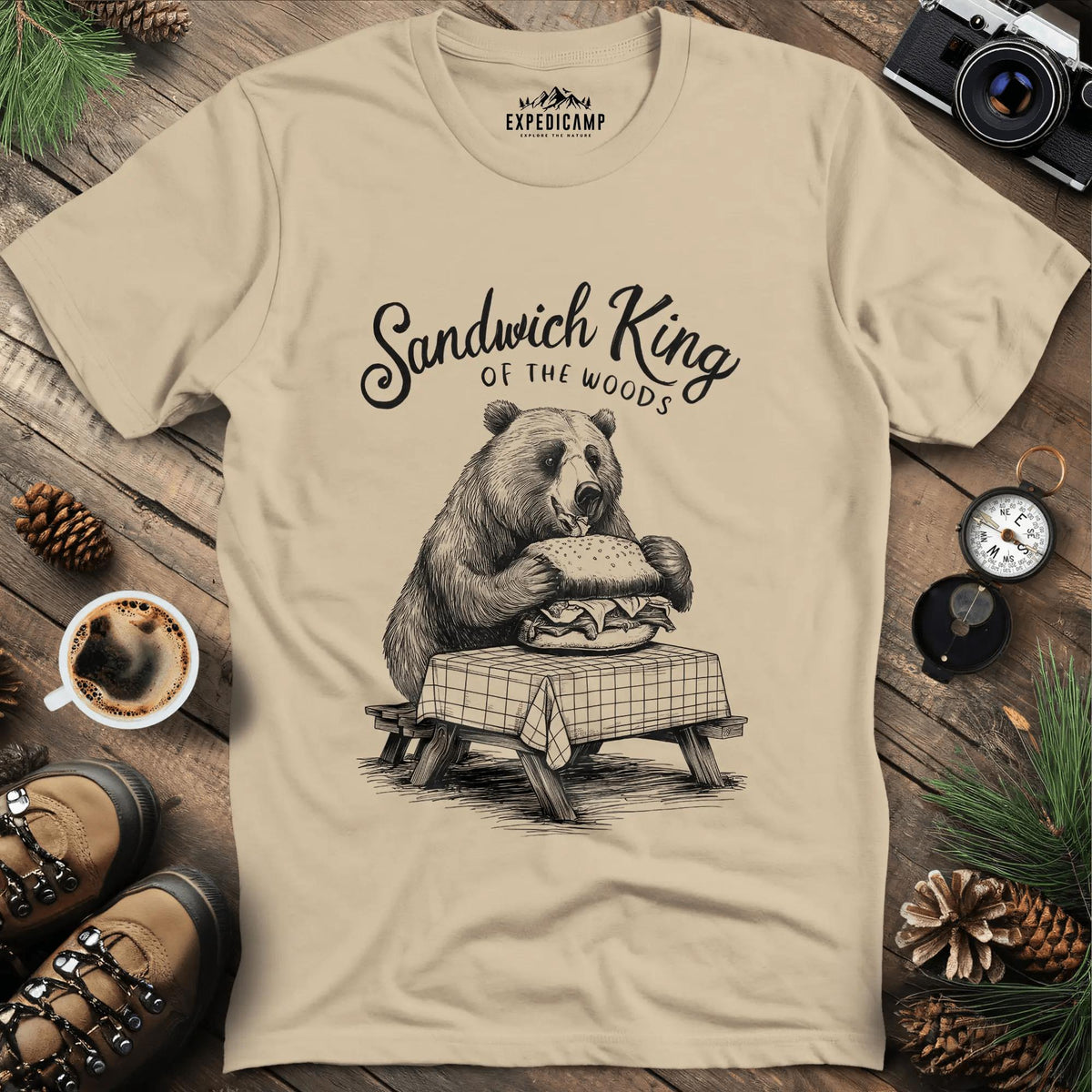 Sandwich King of the Woods T-Shirt – Sand – Outdoor apparel for travel, hiking, camping, and nature lovers – ExpediCamp