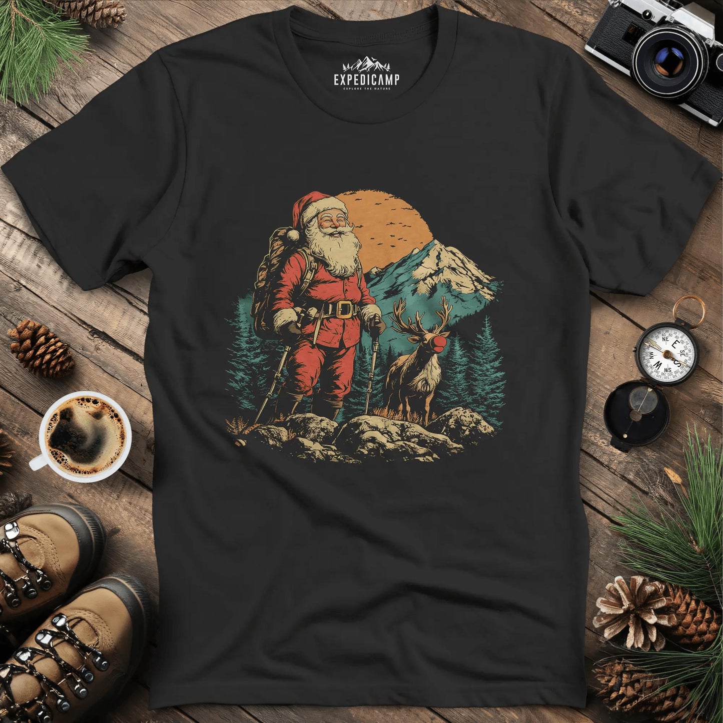 Santa and Rudolph Hiking T-Shirt – Black – Outdoor apparel for travel, hiking, camping, and nature lovers – ExpediCamp
