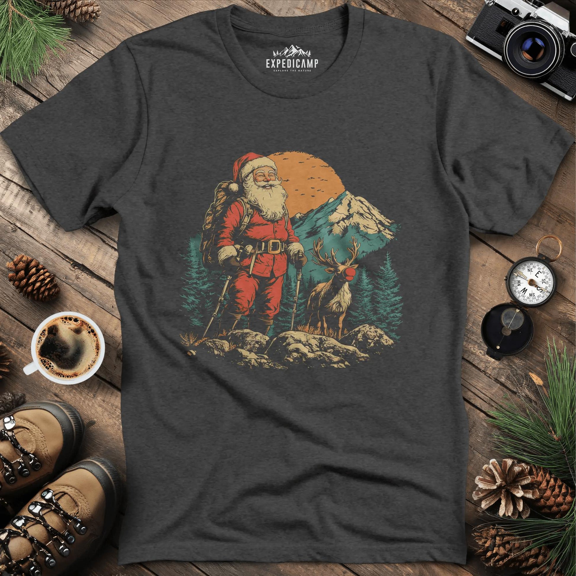Santa and Rudolph Hiking T-Shirt – Dark Heather – Outdoor apparel for travel, hiking, camping, and nature lovers – ExpediCamp