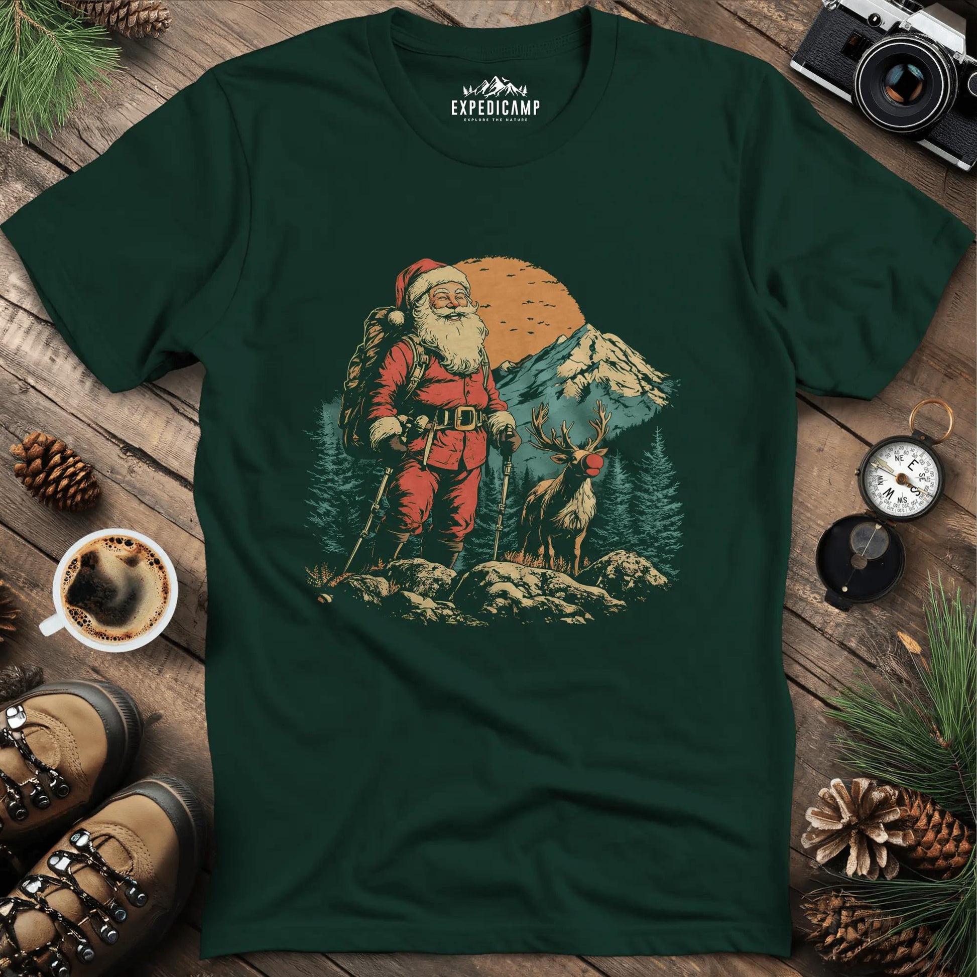 Santa and Rudolph Hiking T-Shirt – Forest Green – Outdoor apparel for travel, hiking, camping, and nature lovers – ExpediCamp