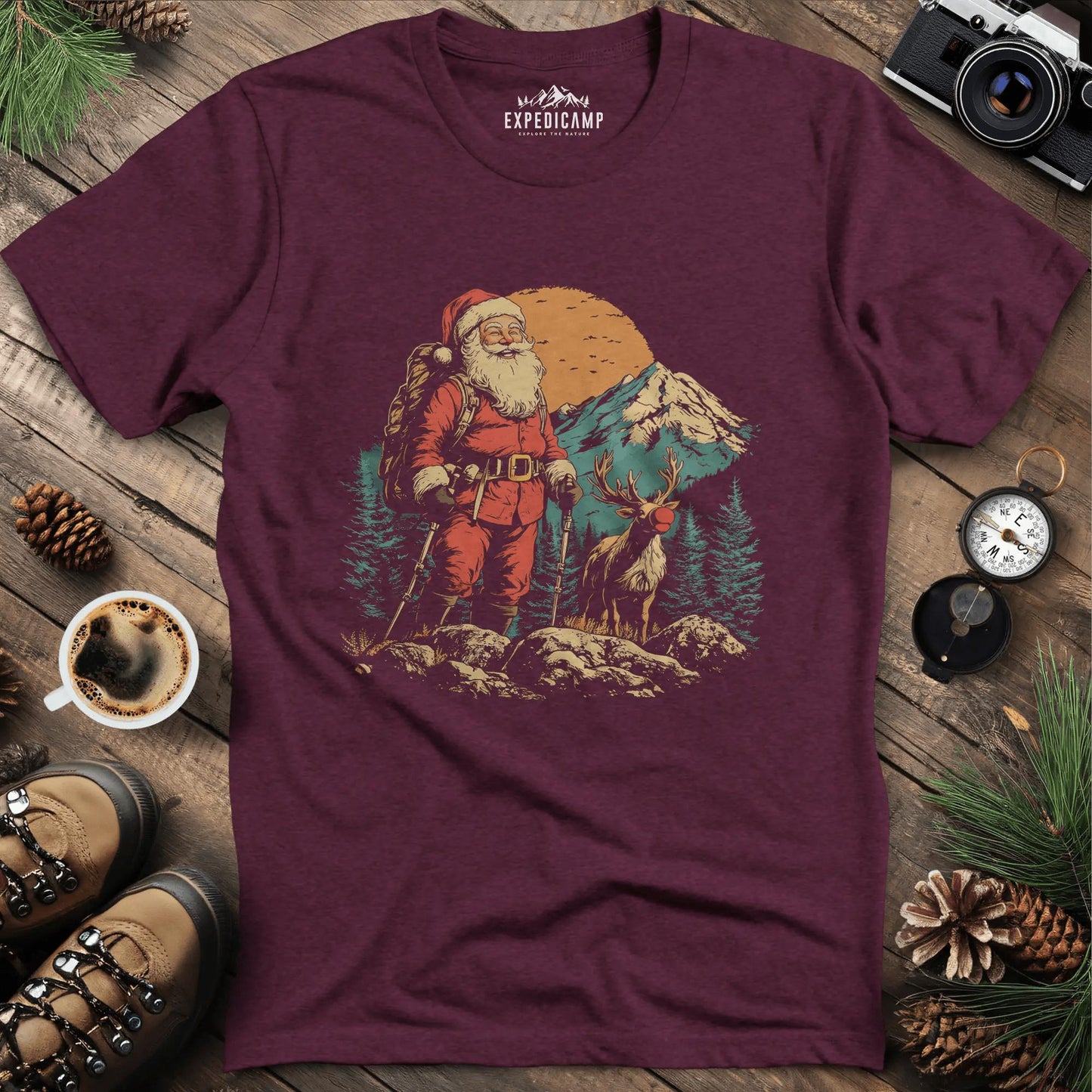 Santa and Rudolph Hiking T-Shirt – Heather Maroon – Outdoor apparel for travel, hiking, camping, and nature lovers – ExpediCamp
