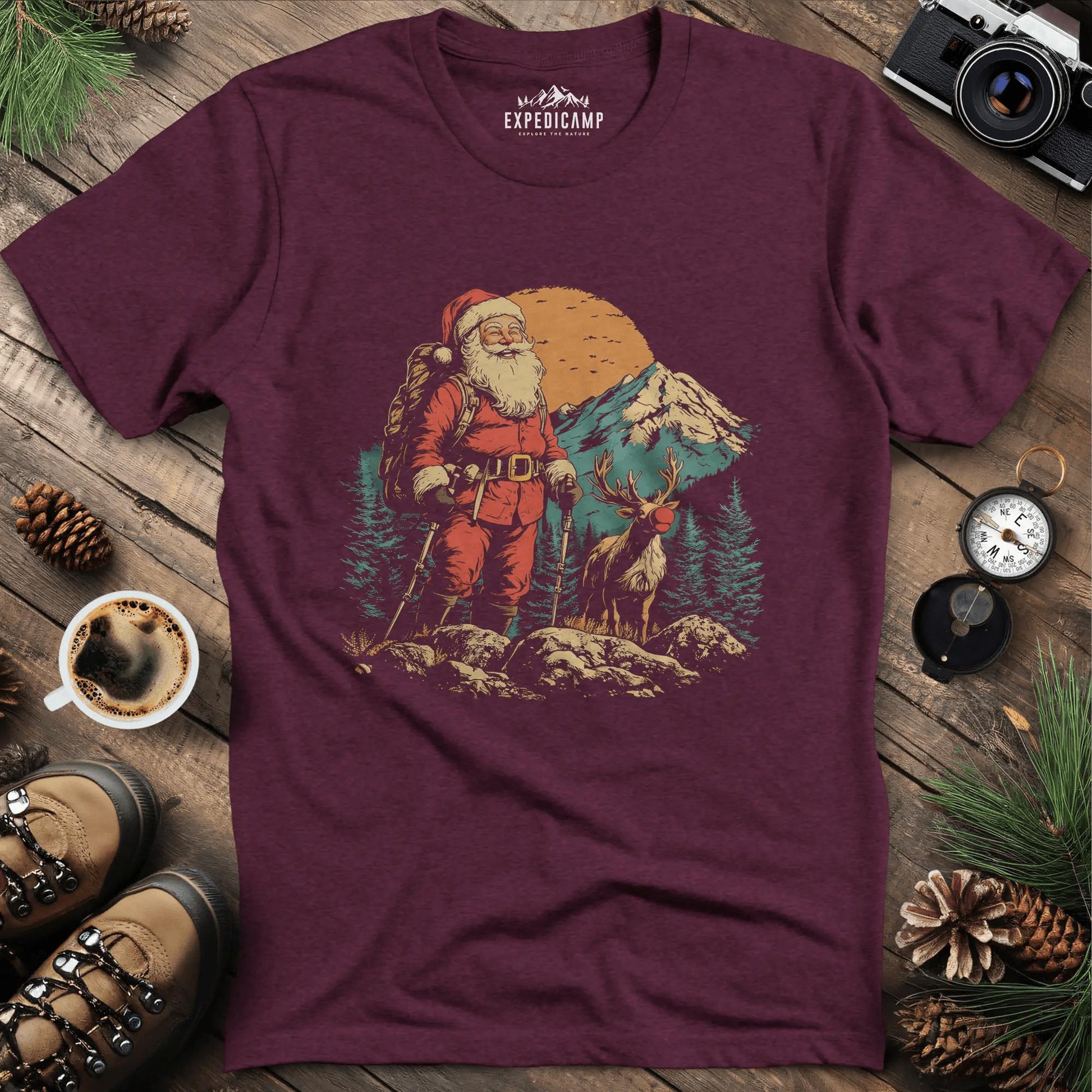 Santa and Rudolph Hiking T-Shirt – Heather Maroon – Outdoor apparel for travel, hiking, camping, and nature lovers – ExpediCamp