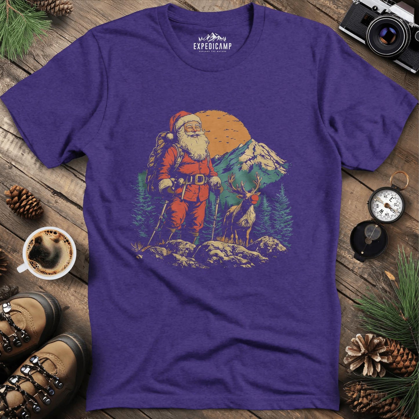 Santa and Rudolph Hiking T-Shirt – Heather Purple – Outdoor apparel for travel, hiking, camping, and nature lovers – ExpediCamp