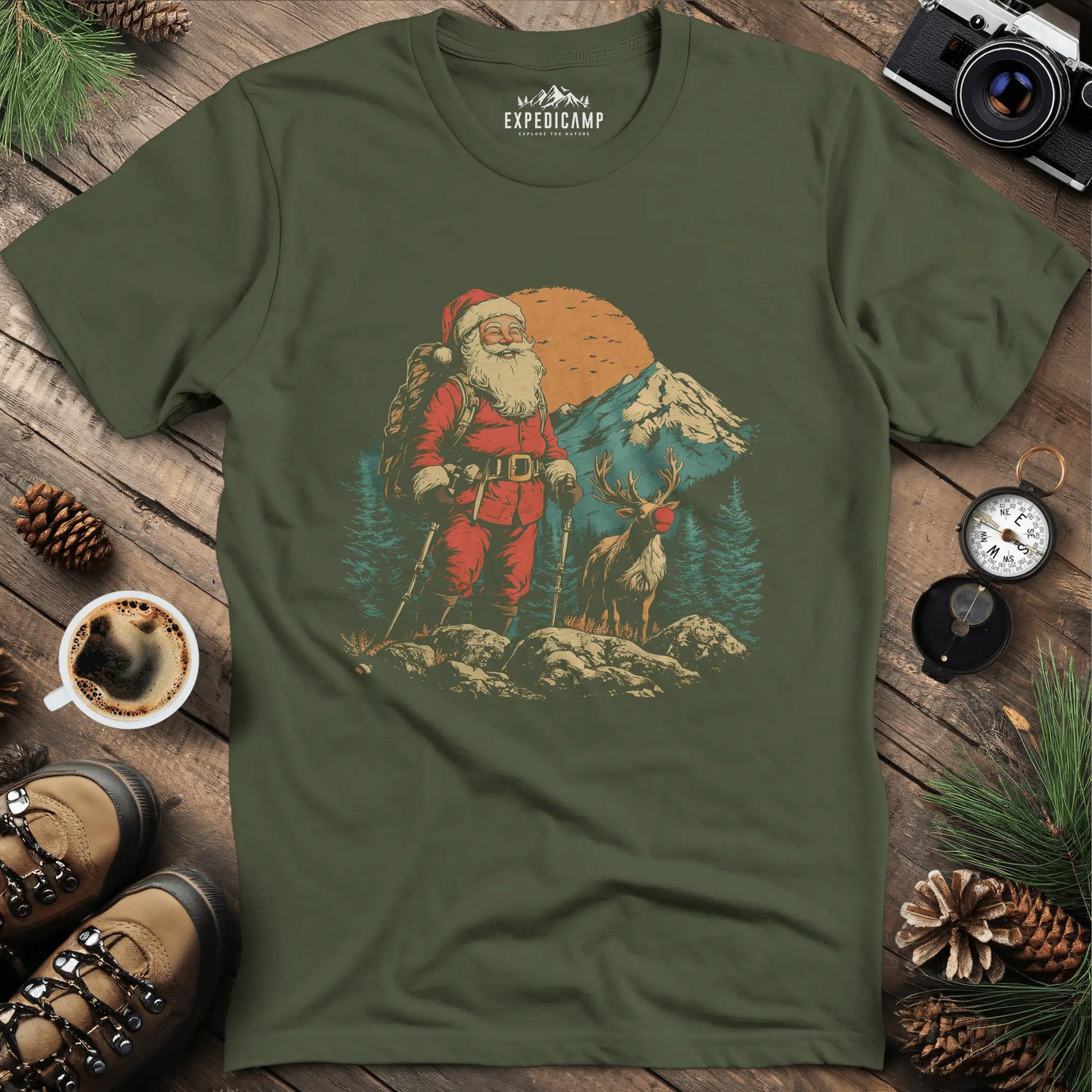 Santa and Rudolph Hiking T-Shirt – Military Green – Outdoor apparel for travel, hiking, camping, and nature lovers – ExpediCamp