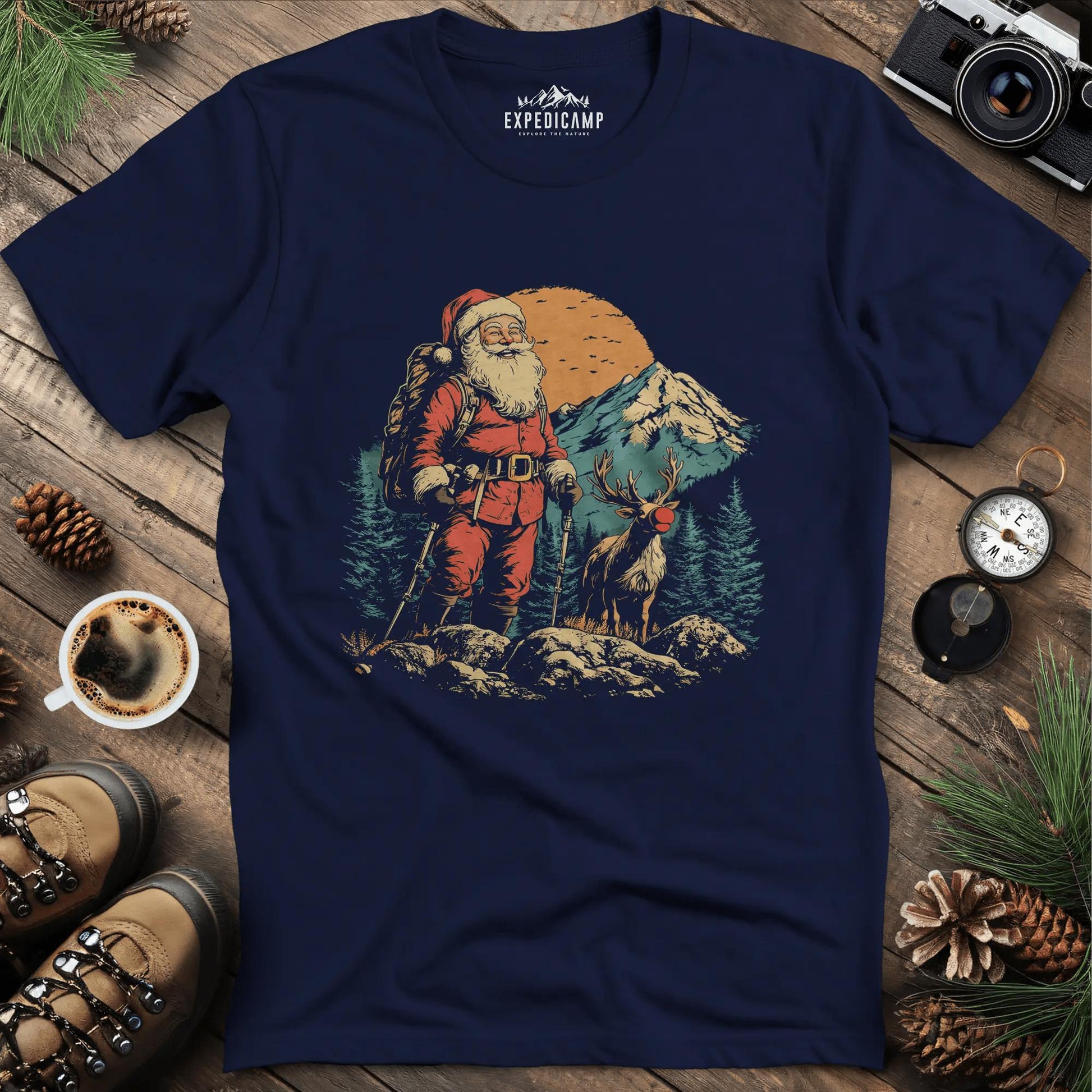 Santa and Rudolph Hiking T-Shirt – Navy – Outdoor apparel for travel, hiking, camping, and nature lovers – ExpediCamp
