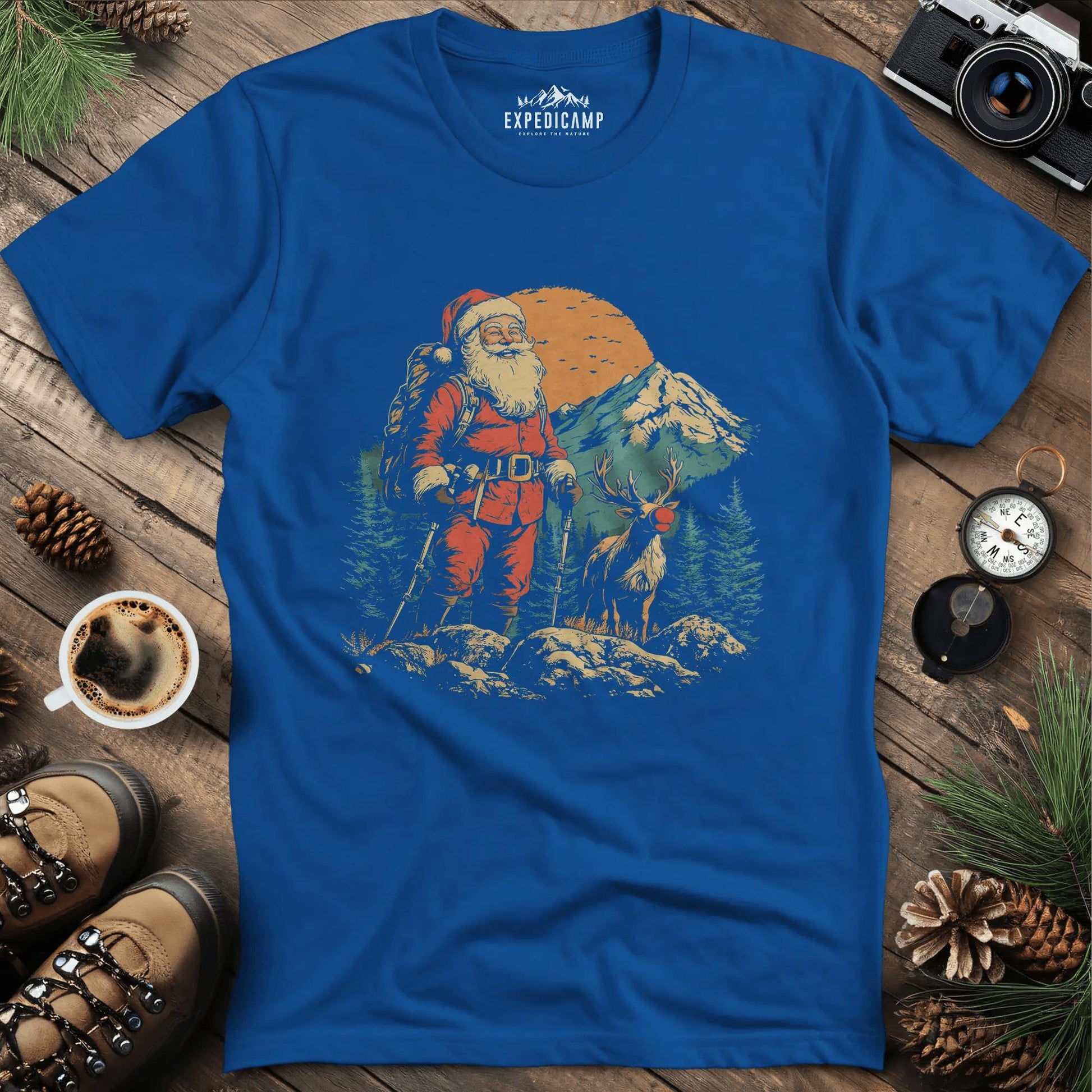 Santa and Rudolph Hiking T-Shirt – Royal – Outdoor apparel for travel, hiking, camping, and nature lovers – ExpediCamp