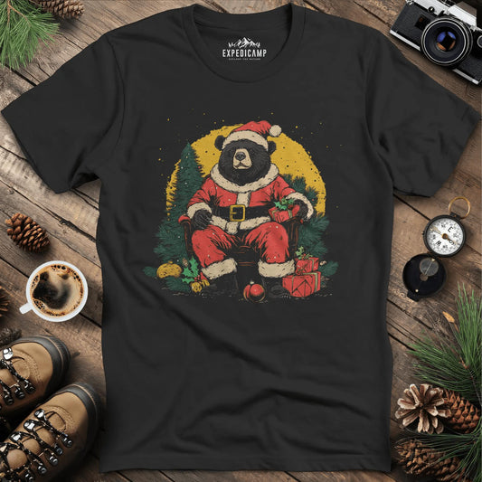 Santa Bear with Gifts T-Shirt – Black – Outdoor apparel for travel, hiking, camping, and nature lovers – ExpediCamp