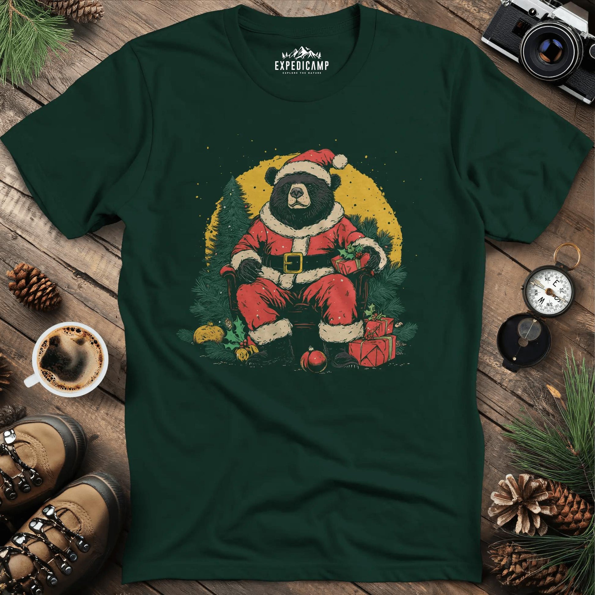 Santa Bear with Gifts T-Shirt – Forest Green – Outdoor apparel for travel, hiking, camping, and nature lovers – ExpediCamp