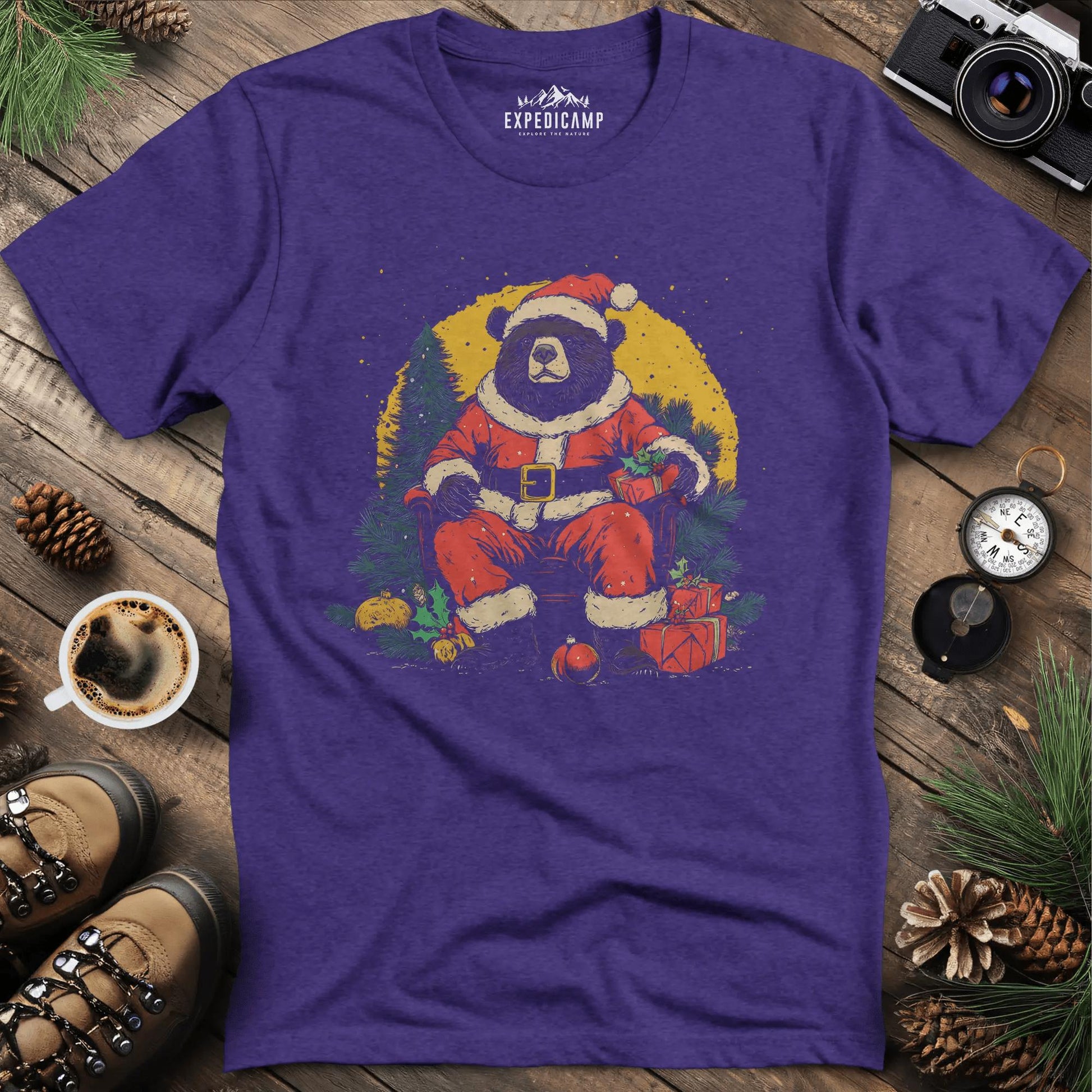 Santa Bear with Gifts T-Shirt – Heather Purple – Outdoor apparel for travel, hiking, camping, and nature lovers – ExpediCamp