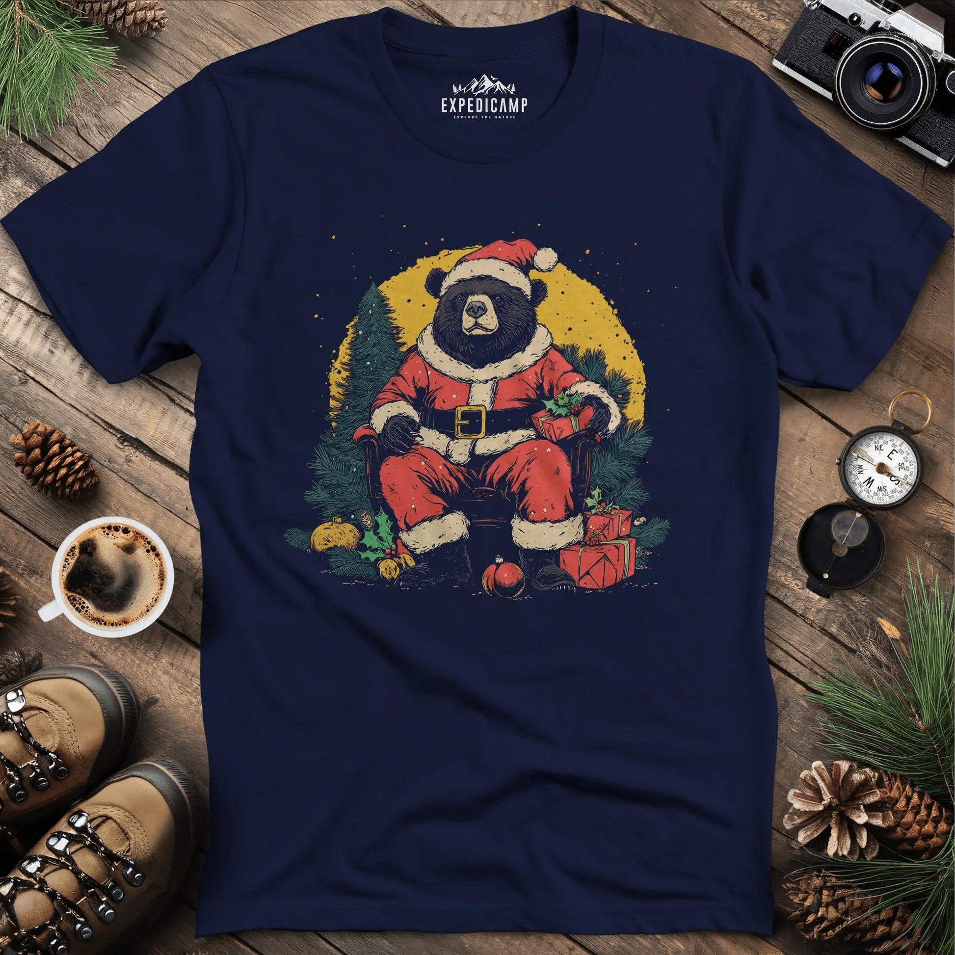 Santa Bear with Gifts T-Shirt – Navy – Outdoor apparel for travel, hiking, camping, and nature lovers – ExpediCamp