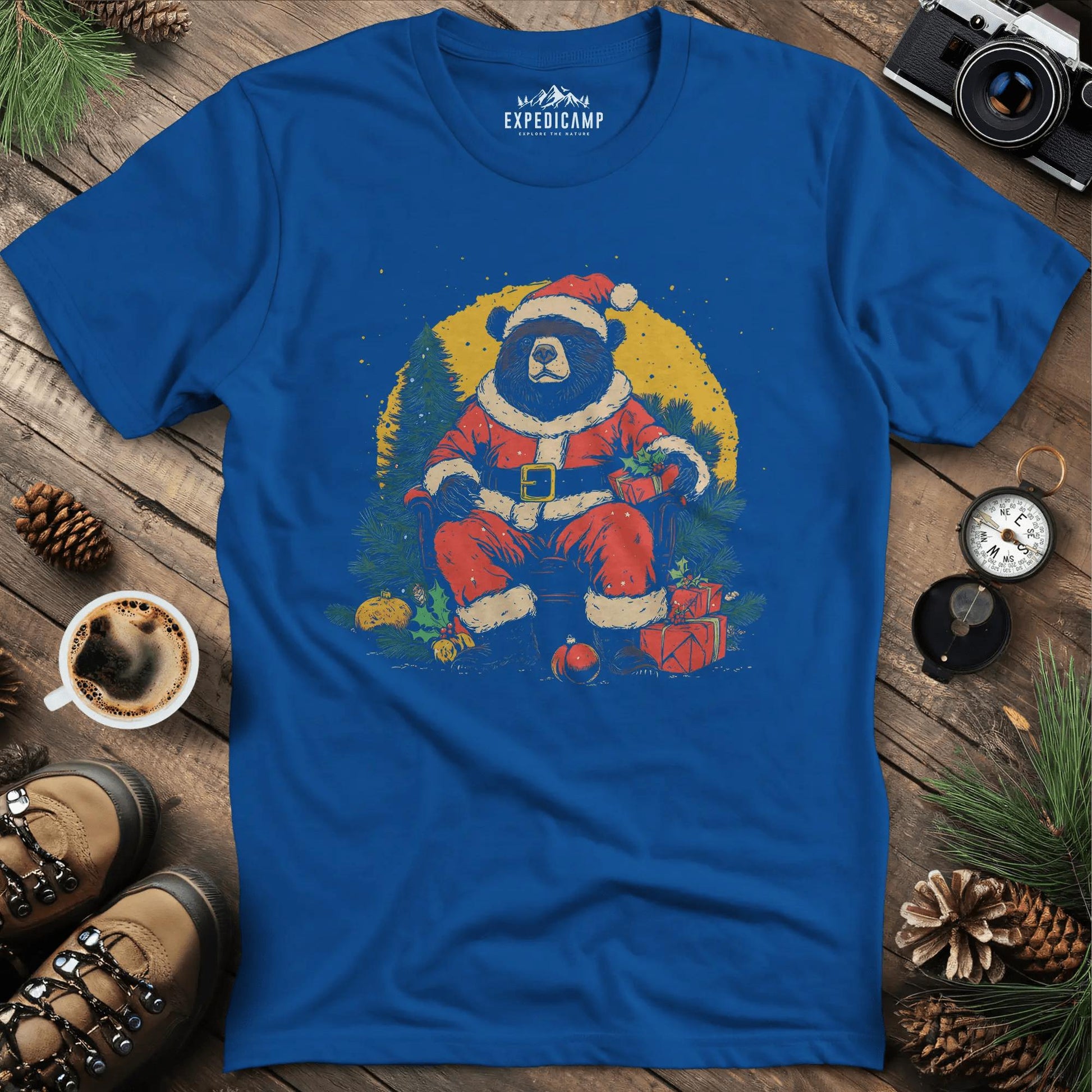 Santa Bear with Gifts T-Shirt – Royal – Outdoor apparel for travel, hiking, camping, and nature lovers – ExpediCamp