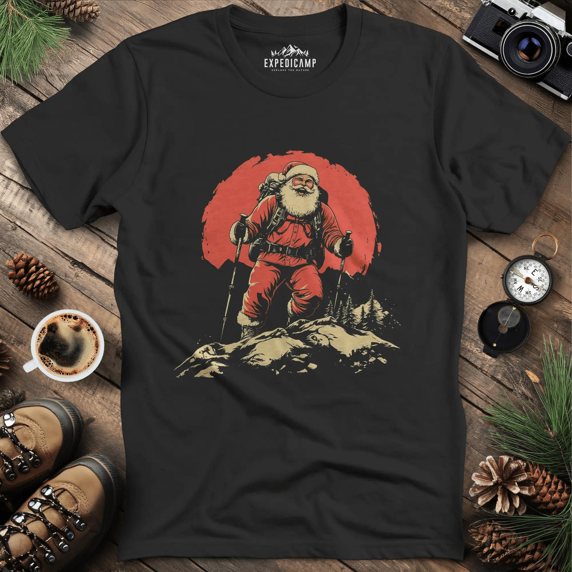 Santa Hiking T-Shirt - Festive Holiday Fun – Black – Outdoor apparel for travel, hiking, camping, and nature lovers – ExpediCamp