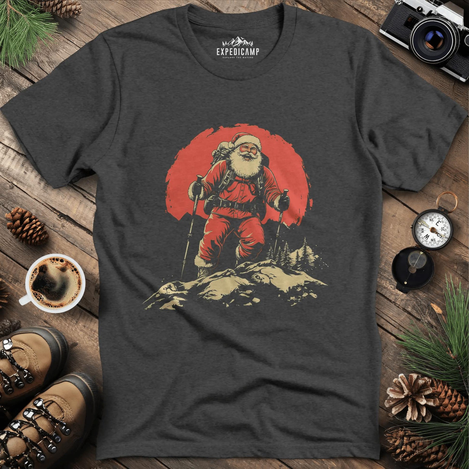 Santa Hiking T-Shirt - Festive Holiday Fun – Dark Heather – Outdoor apparel for travel, hiking, camping, and nature lovers – ExpediCamp