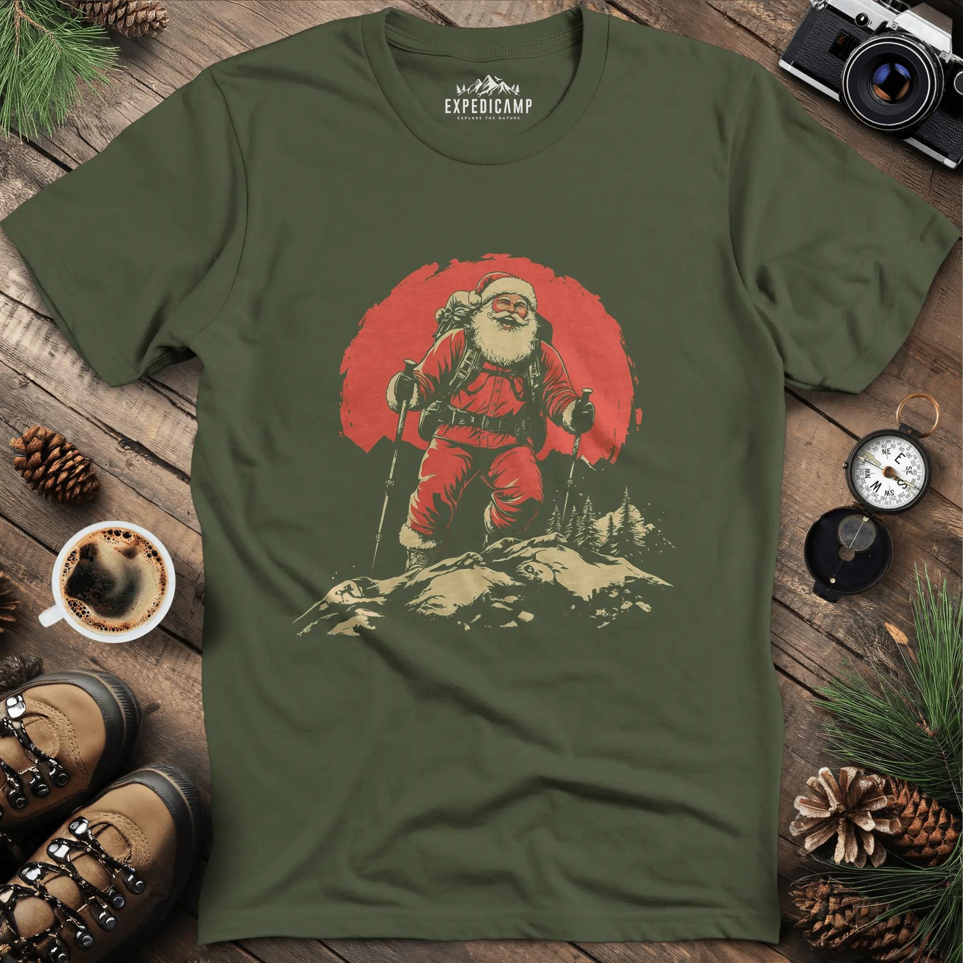 Santa Hiking T-Shirt - Festive Holiday Fun – Military Green – Outdoor apparel for travel, hiking, camping, and nature lovers – ExpediCamp
