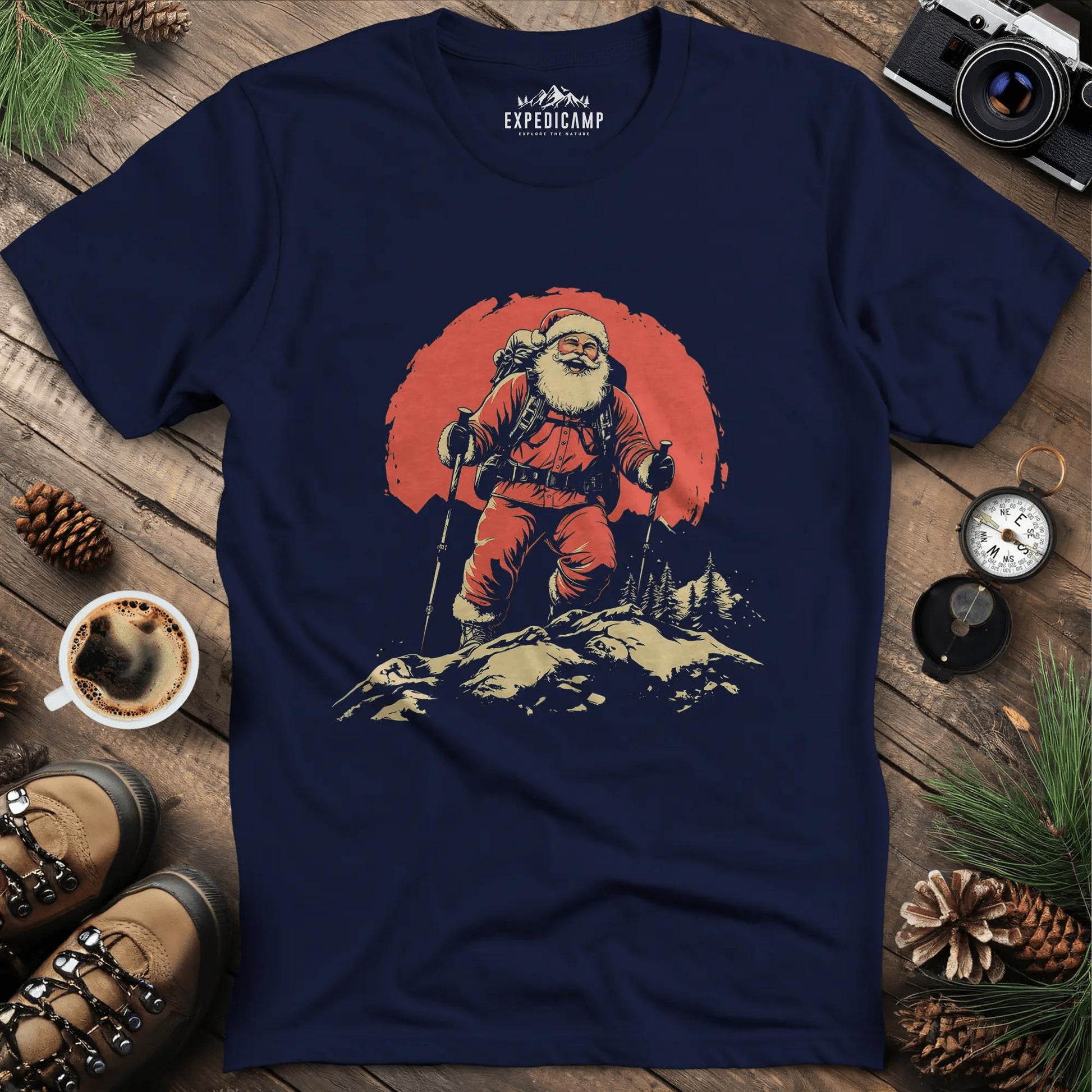 Santa Hiking T-Shirt - Festive Holiday Fun – Navy – Outdoor apparel for travel, hiking, camping, and nature lovers – ExpediCamp