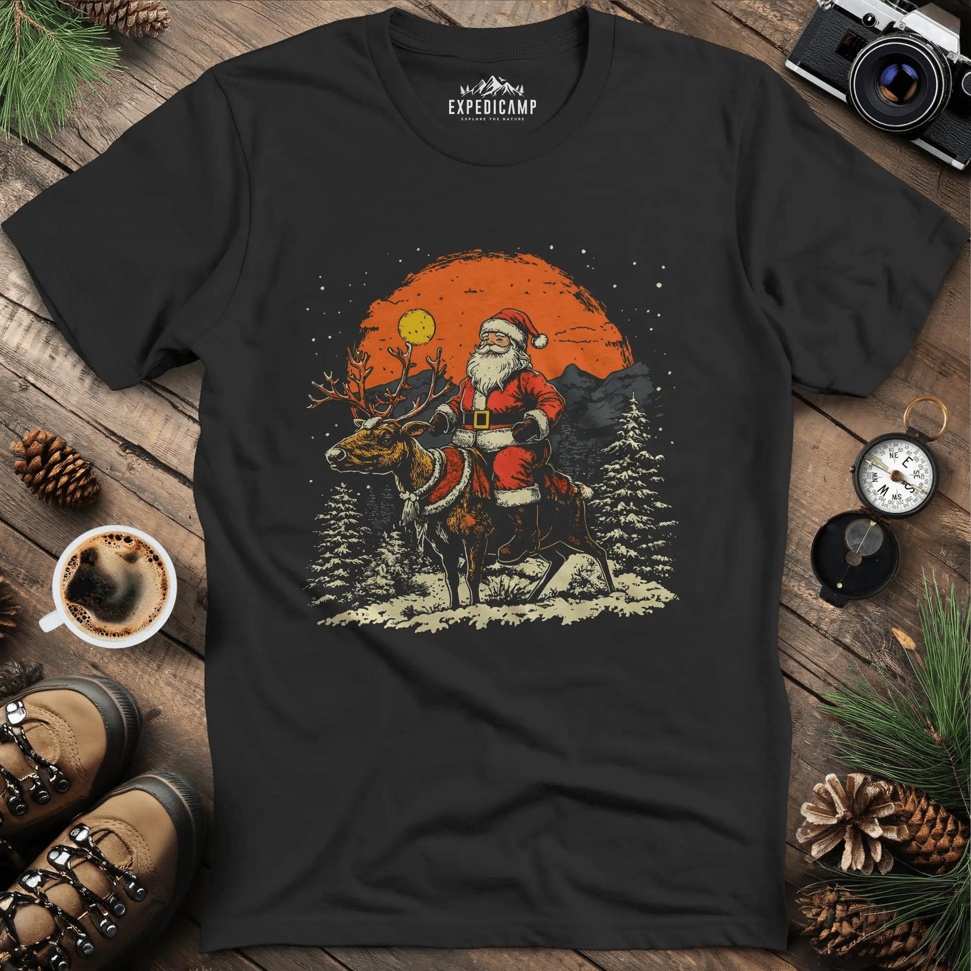Santa in the Wilderness T-Shirt – Black – Outdoor apparel for travel, hiking, camping, and nature lovers – ExpediCamp