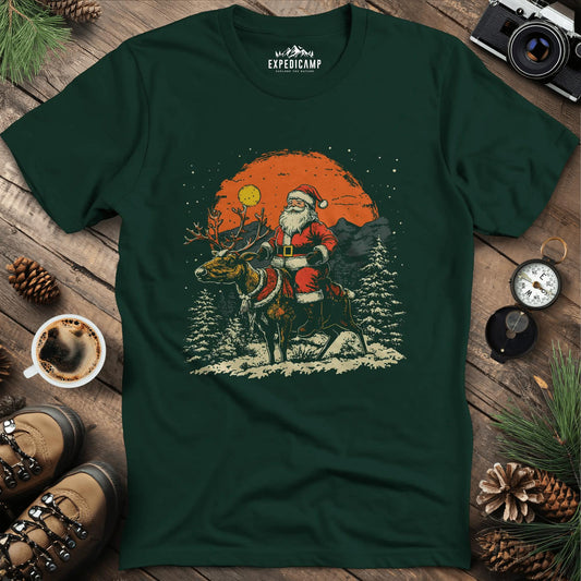 Santa in the Wilderness T-Shirt – Forest Green – Outdoor apparel for travel, hiking, camping, and nature lovers – ExpediCamp